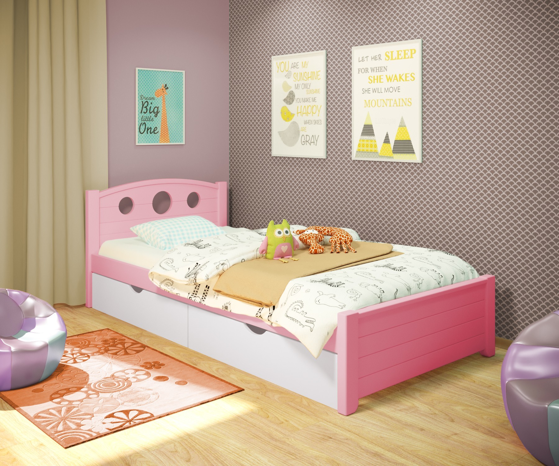 

Кровать односпальная RainbowDream Окки 80х190 см розовый массив ольхи, с ящиками
