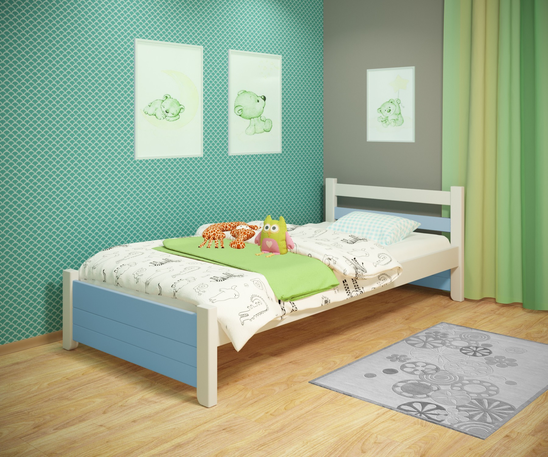 

Кровать односпальная RainbowDream Маркус 80х190 см бело-голубой массив ольхи, без ящиков