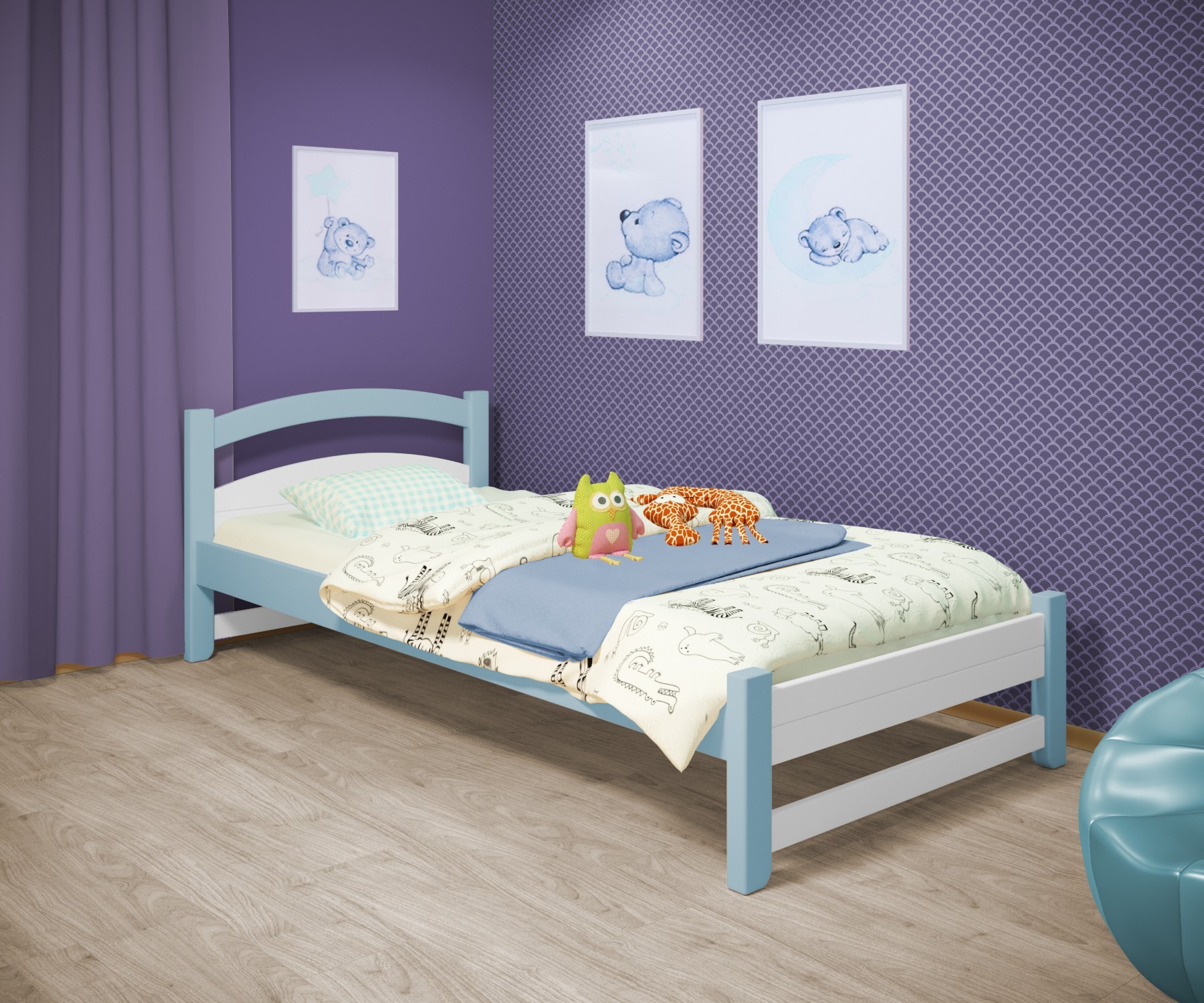 

Кровать односпальная RainbowDream Милана 80х190 см бело-голубой массив ольхи, без ящиков