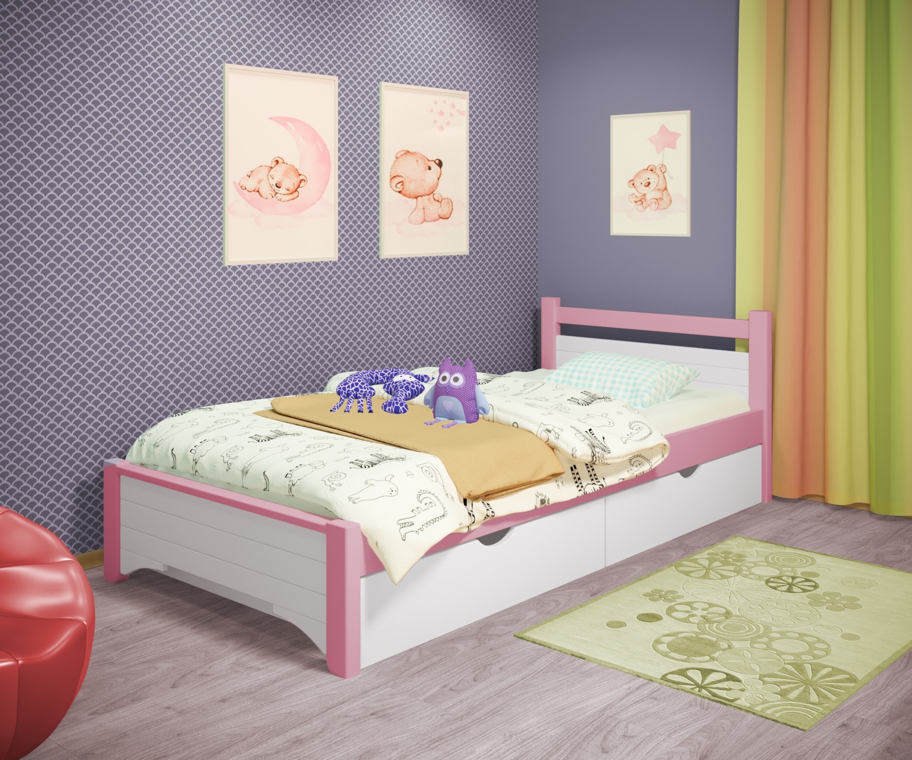

Кровать односпальная RainbowDream Дюпон 80х190 см бело-розовый массив ольхи, с ящиками