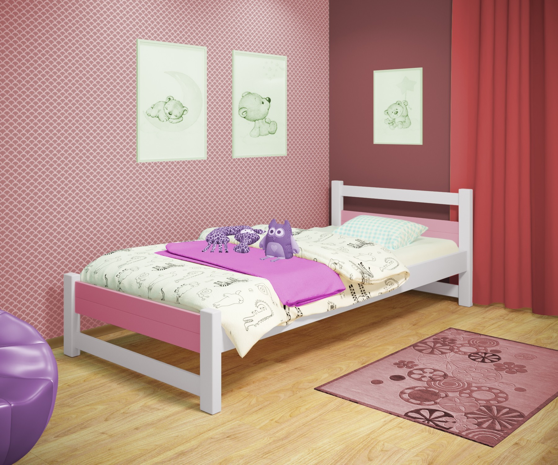 

Кровать односпальная RainbowDream Филипп 80х190 см бело-розовый массив ольхи, без ящиков