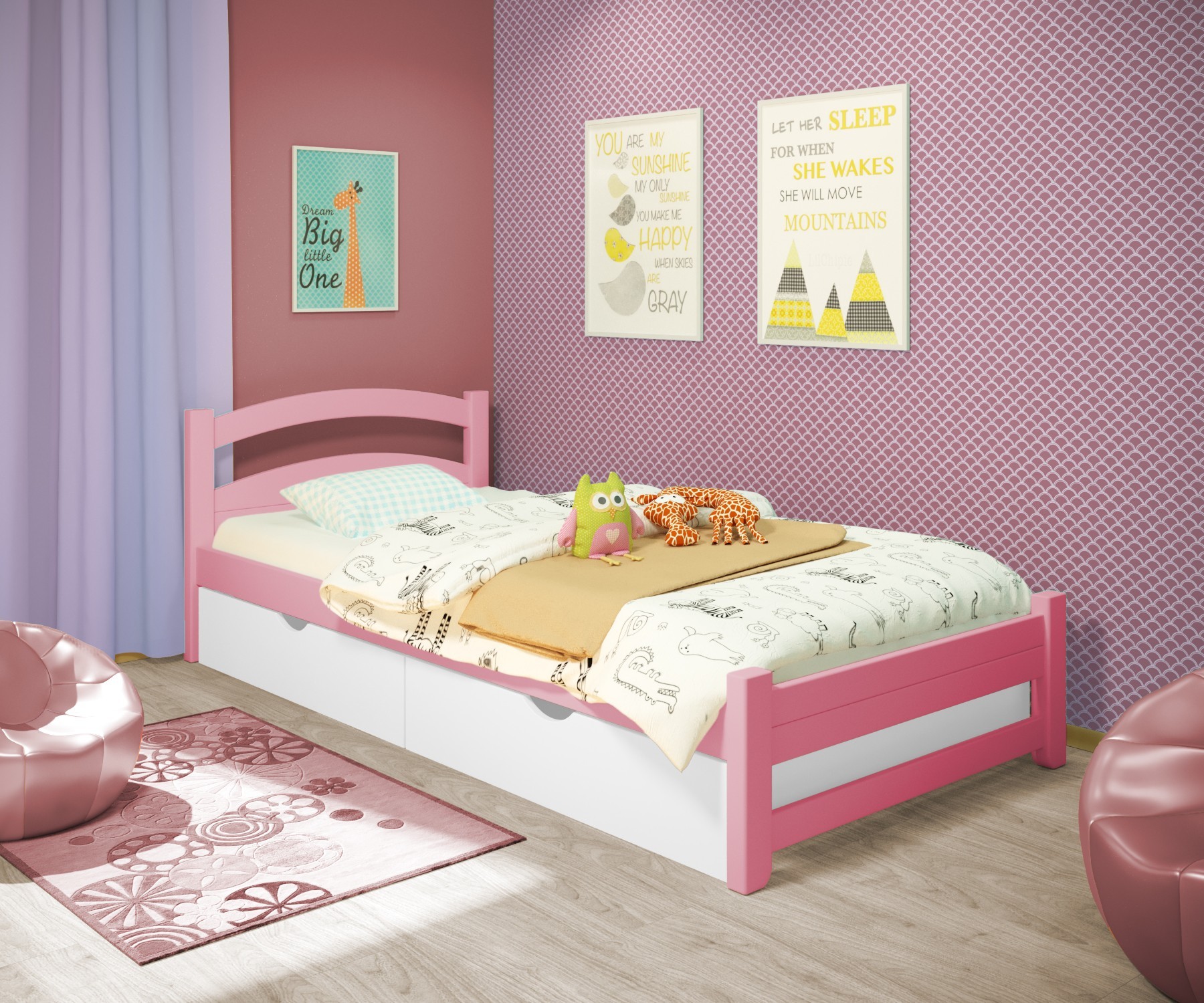 

Кровать односпальная RainbowDream Милана 80х190 см розовый массив ольхи, с ящиками