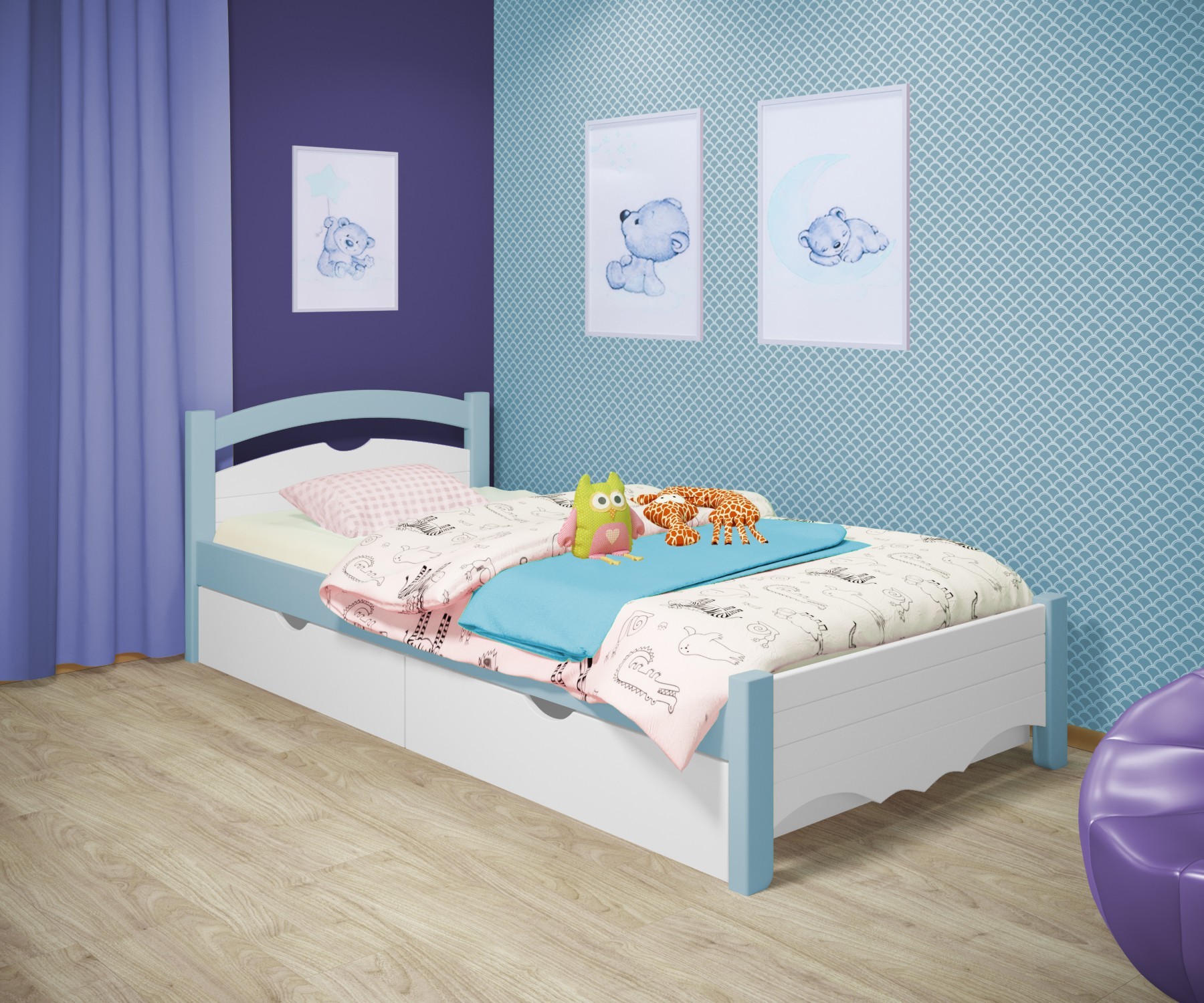 

Кровать односпальная RainbowDream Фирина 80х190 см бело-голубой массив ольхи, с ящиками