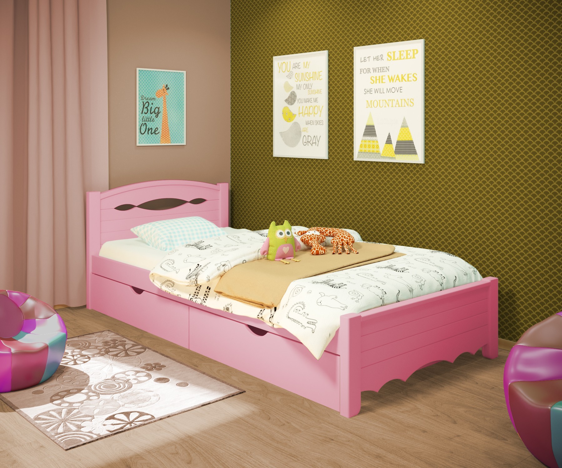 

Кровать односпальная RainbowDream Новус 80х190 см розовый массив ольхи, с ящиками