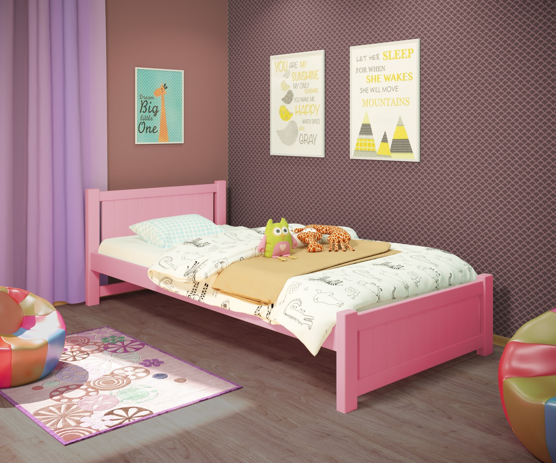 

Кровать односпальная RainbowDream Лимонти 80х190 см розовый массив ольхи, без ящиков