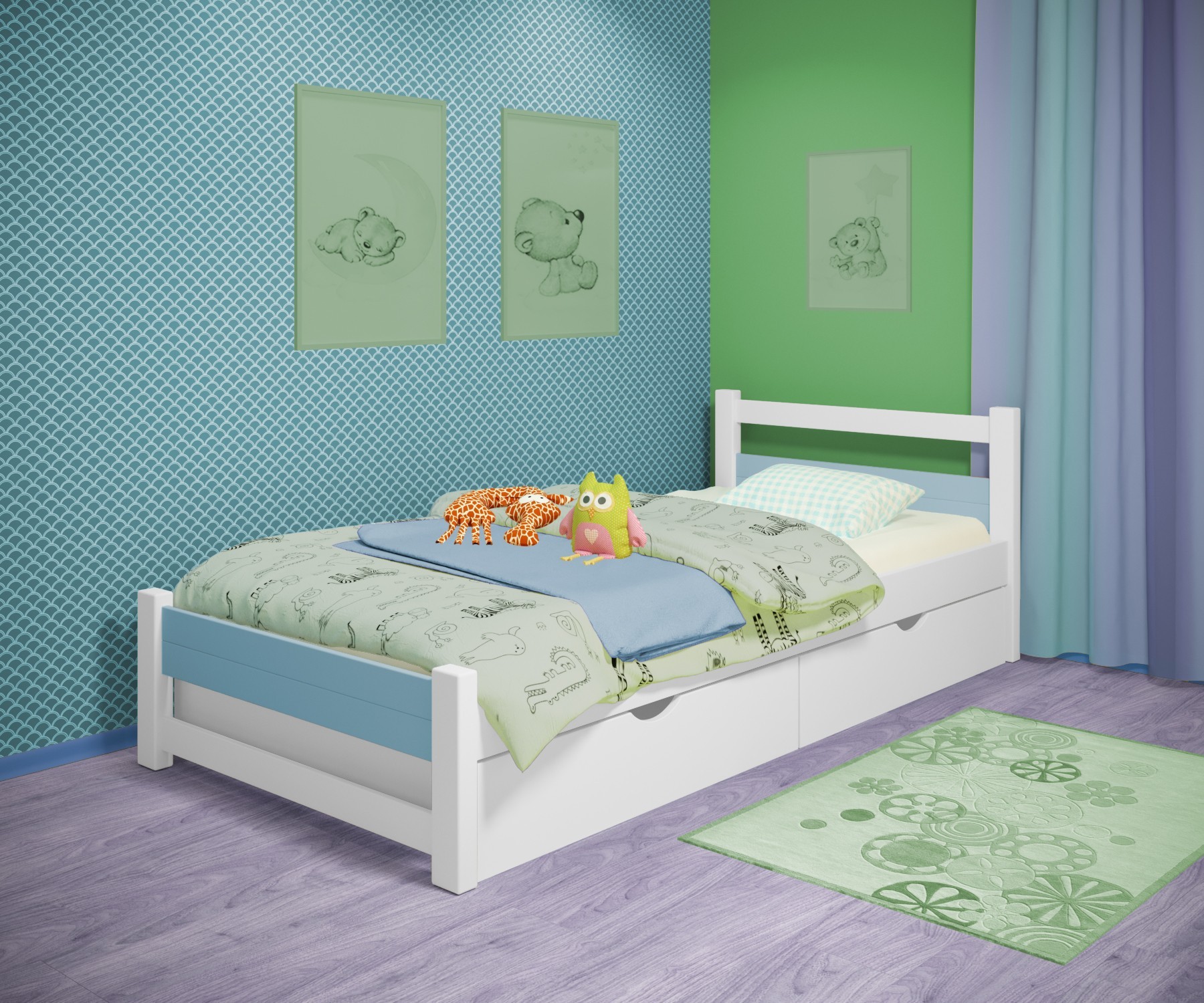 

Кровать односпальная RainbowDream Филипп 80х190 см бело-голубой массив ольхи, с ящиками