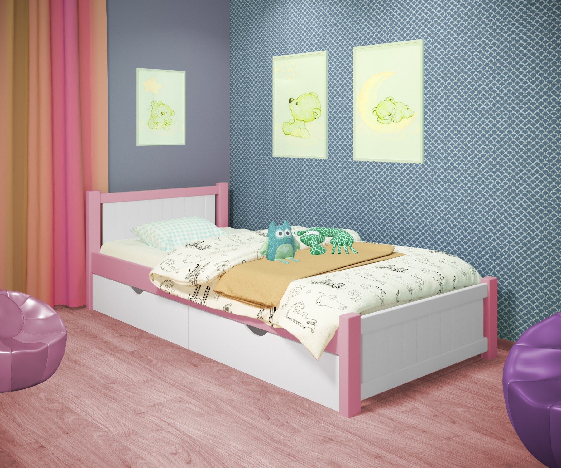 

Кровать односпальная RainbowDream Лимонти 80х190 см бело-розовый массив ольхи, с ящиками