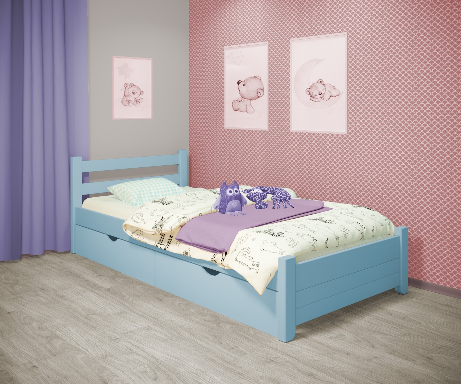 

Кровать односпальная RainbowDream Маркус 80х200 см голубой массив ольхи, с ящиками