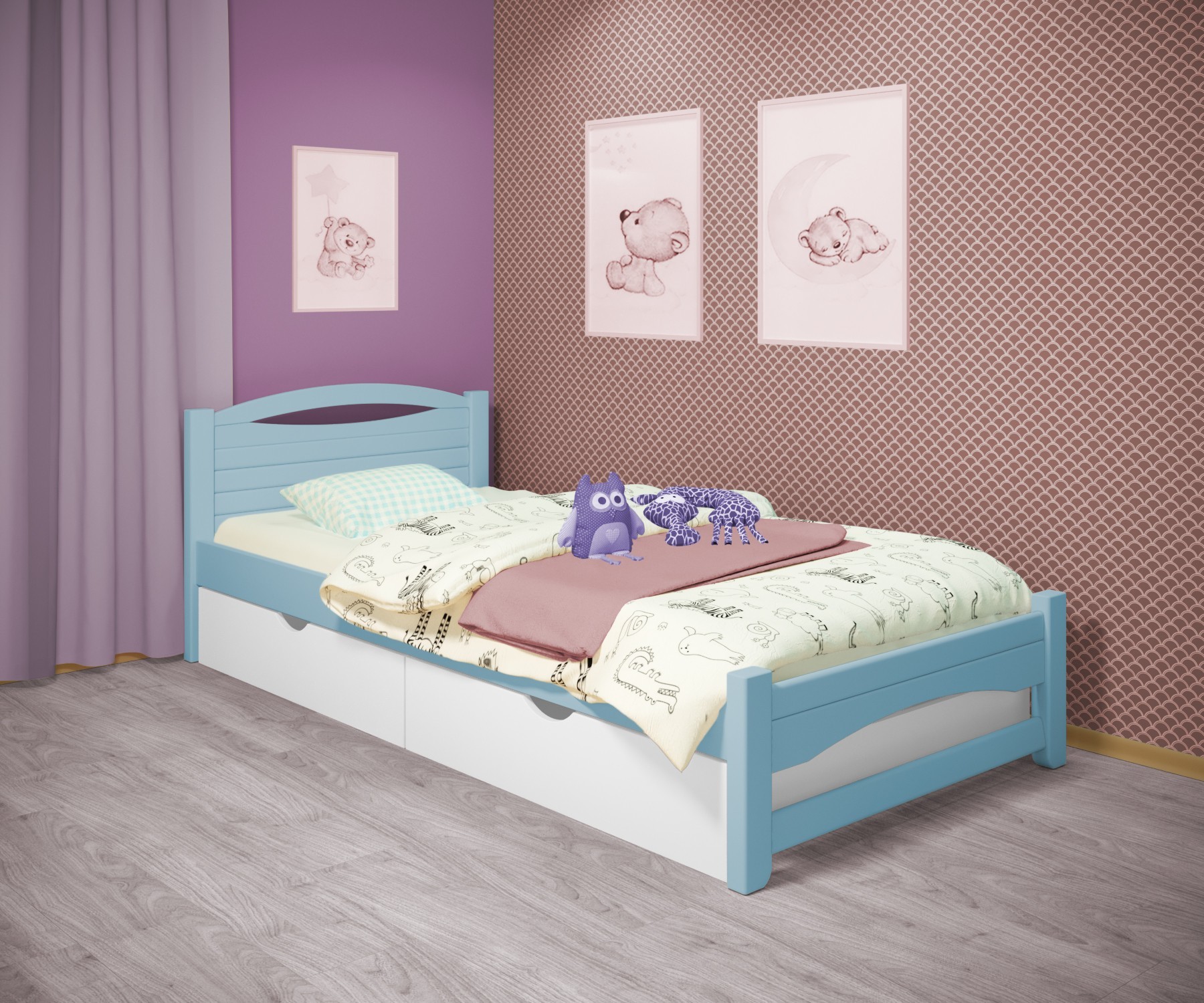 

Кровать односпальная RainbowDream Анимона 90х190 см голубой массив ольхи, с ящиками
