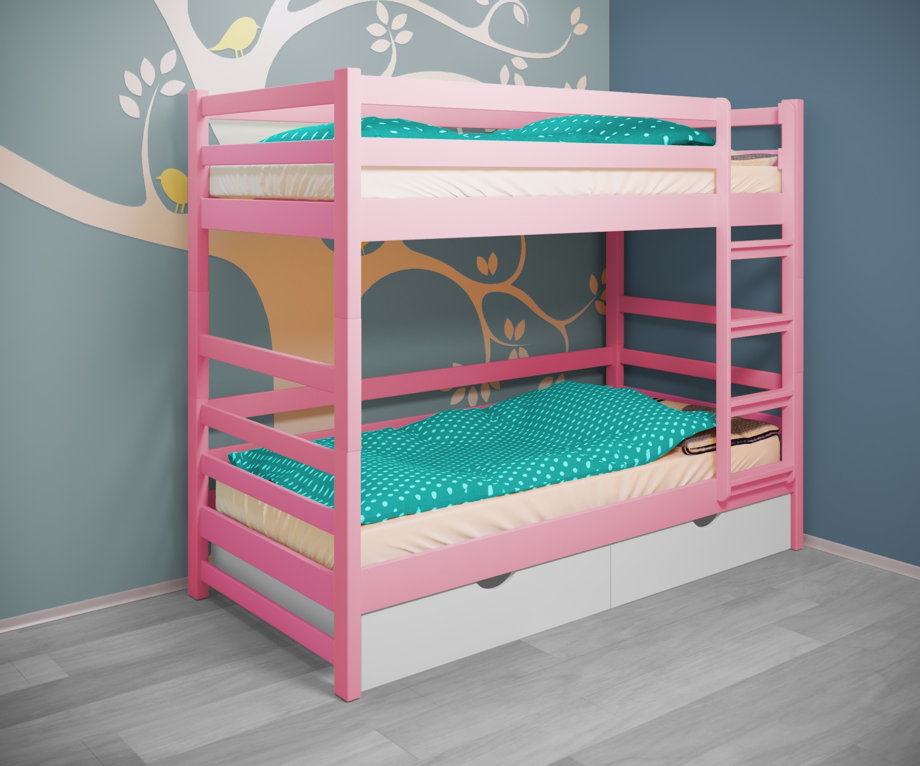 

Кровать двухъярусная RainbowDream Лентори 80х190 см розовый массив ольхи, с ящиками