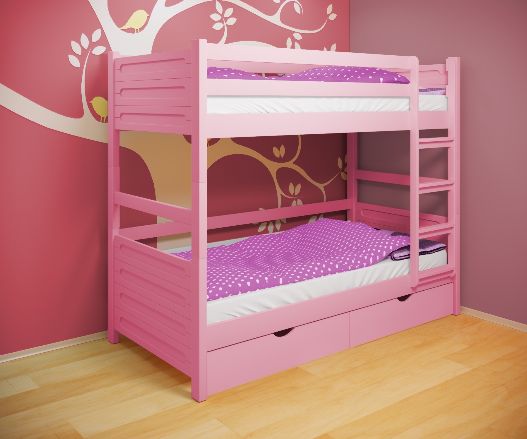 

Кровать двухъярусная RainbowDream Йокка 80х190 см розовый массив ольхи, с ящиками