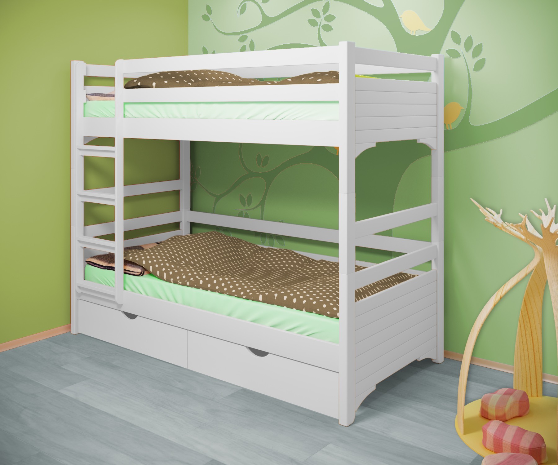 

Кровать двухъярусная RainbowDream Дюпон 80х190 см белый массив ольхи, с ящиками
