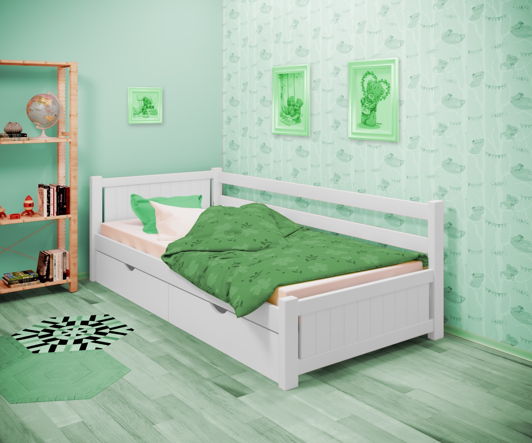 

Кровать односпальная угловая RainbowDream Лимонти 80х190 см белый массив ольхи, с ящиками