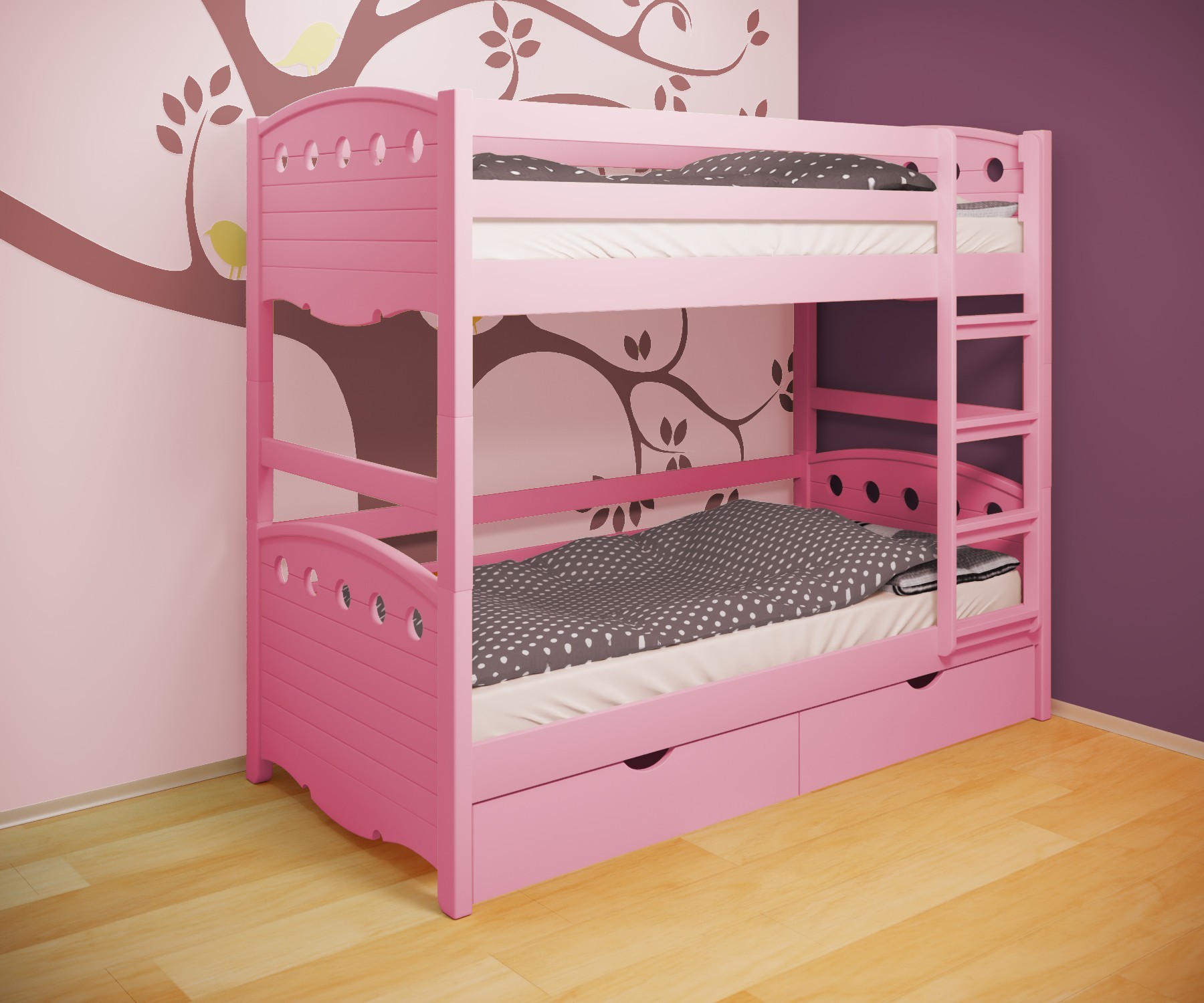 

Кровать двухъярусная RainbowDream Анри 80х190 см розовый массив ольхи, с ящиками