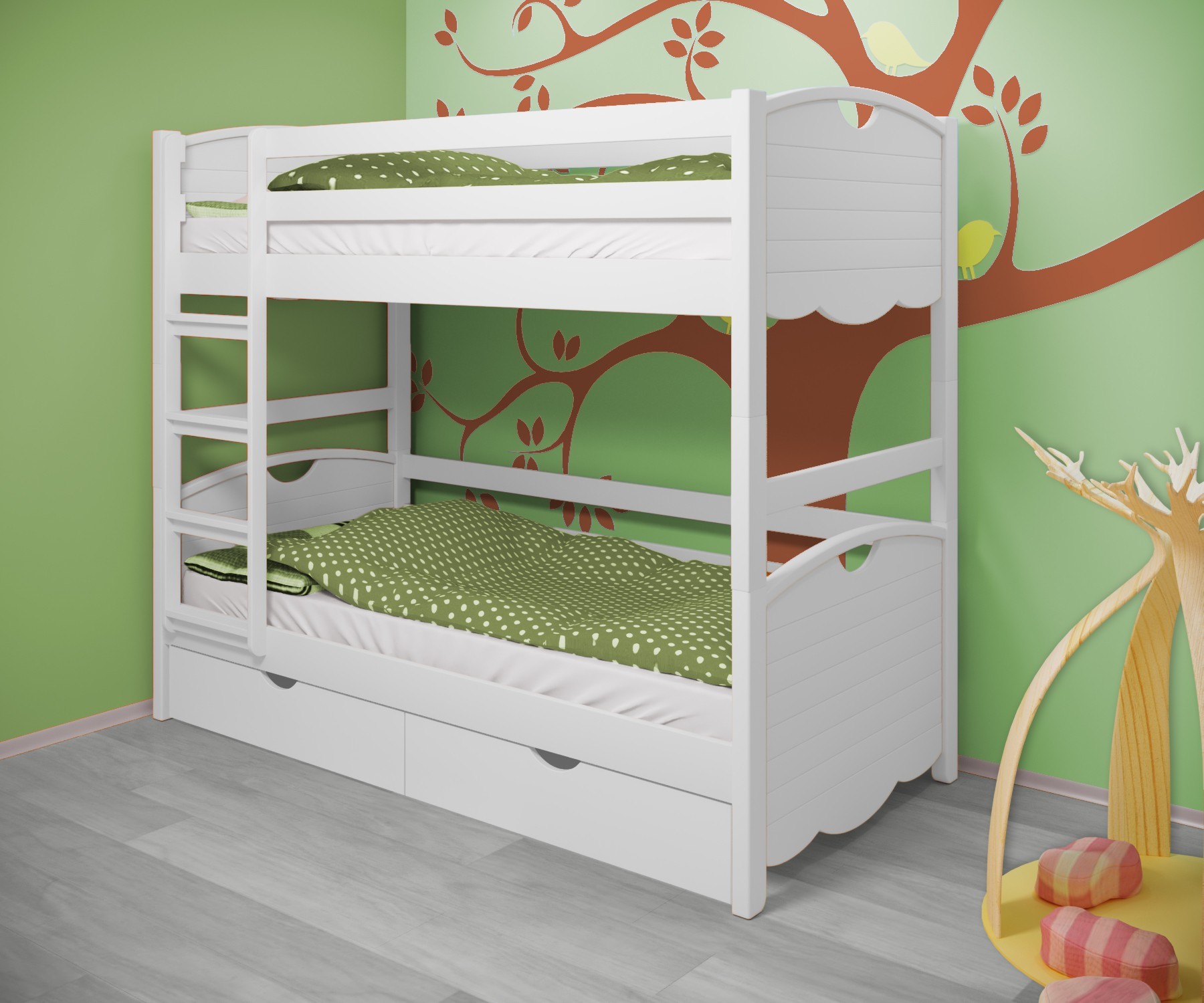 

Кровать двухъярусная RainbowDream Белла 80х190 см белый массив ольхи, с ящиками