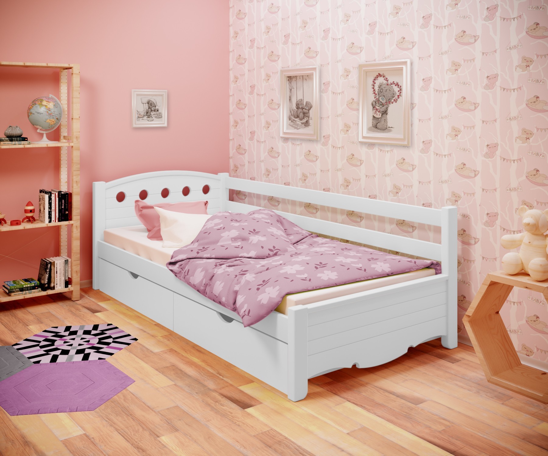 

Кровать односпальная угловая RainbowDream Анри 80х190 см белый массив ольхи, с ящиками