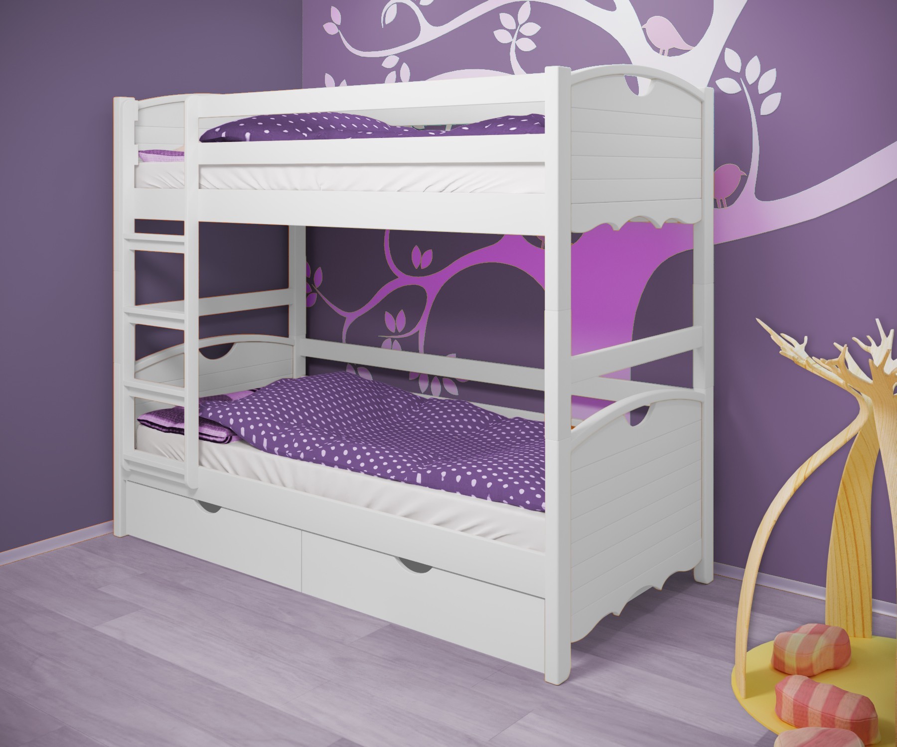 

Кровать двухъярусная RainbowDream Дженни 80х190 см белый массив ольхи, с ящиками