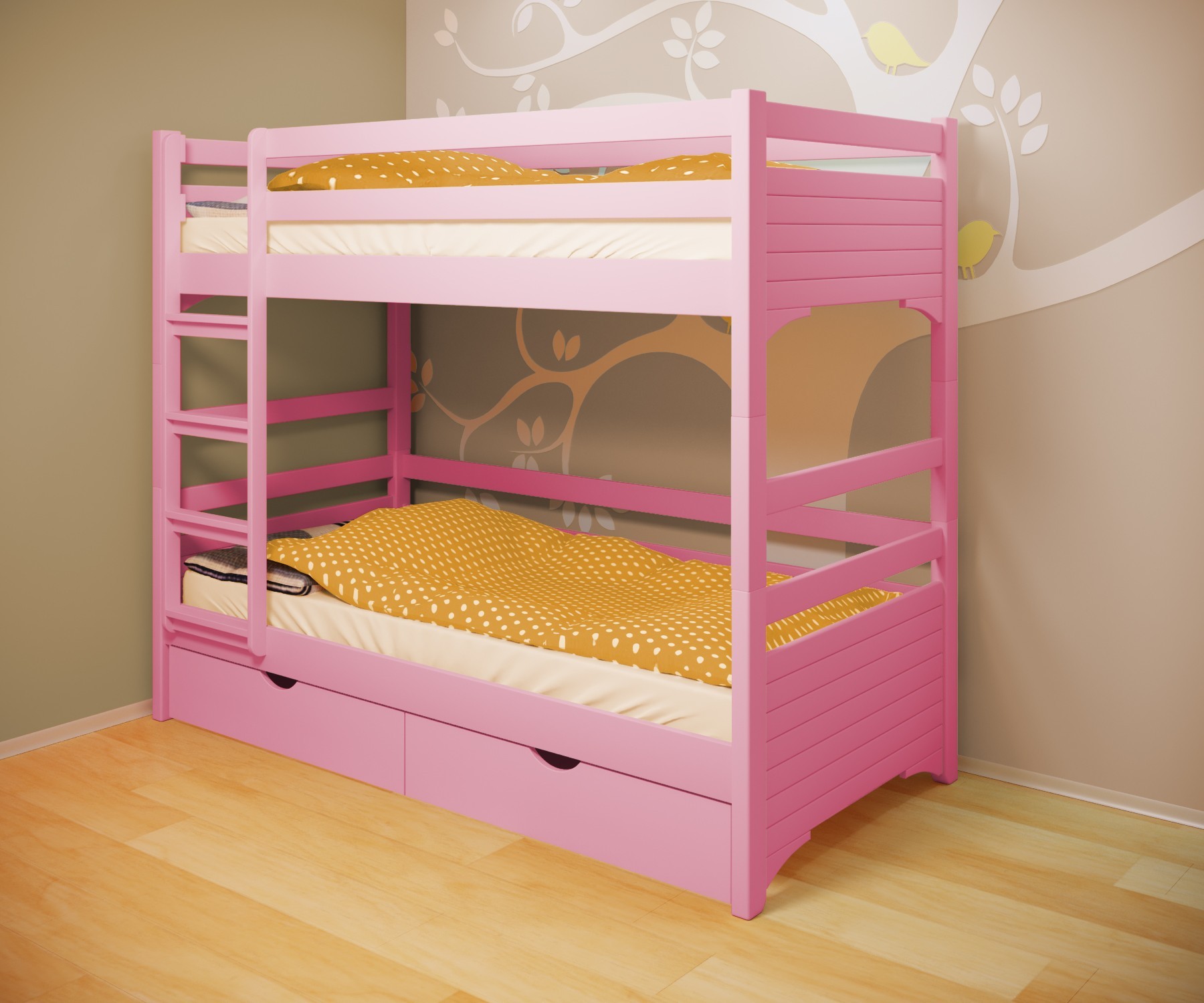 

Кровать двухъярусная RainbowDream Дюпон 80х190 см розовый массив ольхи, с ящиками