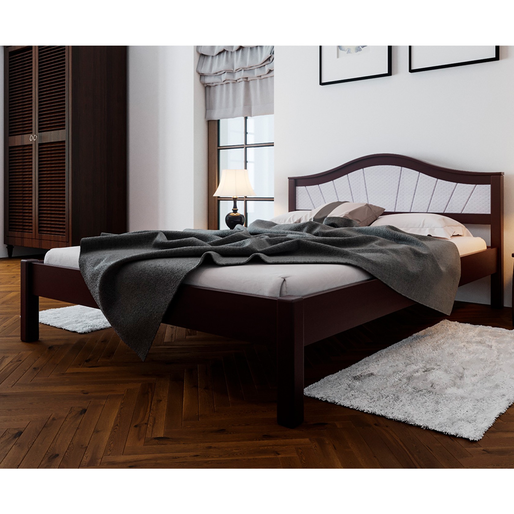 кровать двуспальная из массива дерева с мягким изголовьем