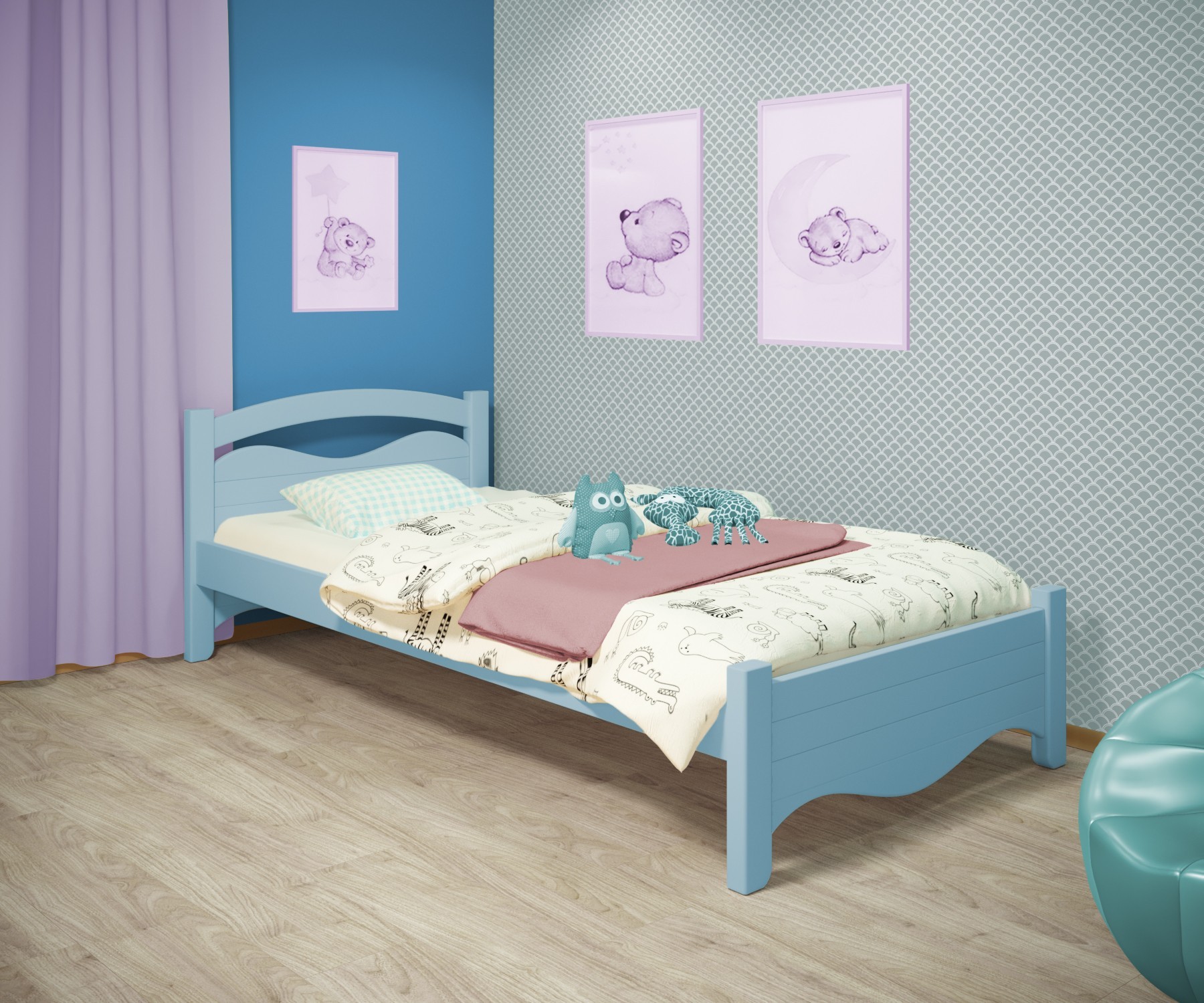 

Кровать односпальная RainbowDream Фабертино 90х200 см голубой массив ольхи, без ящиков