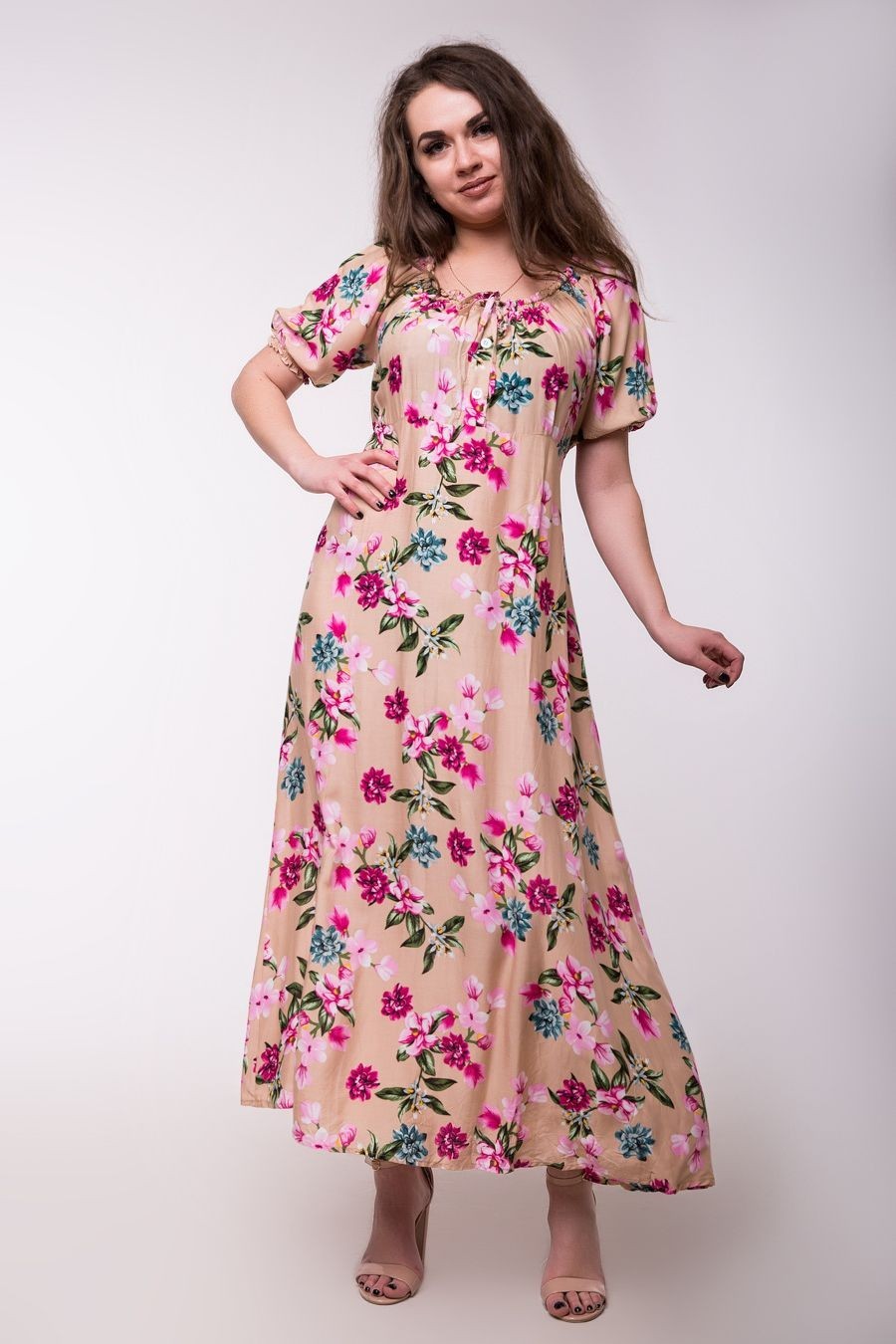

Платье длинное Jesstore 5700D-26 2XL Бежевое с цветочным принтом