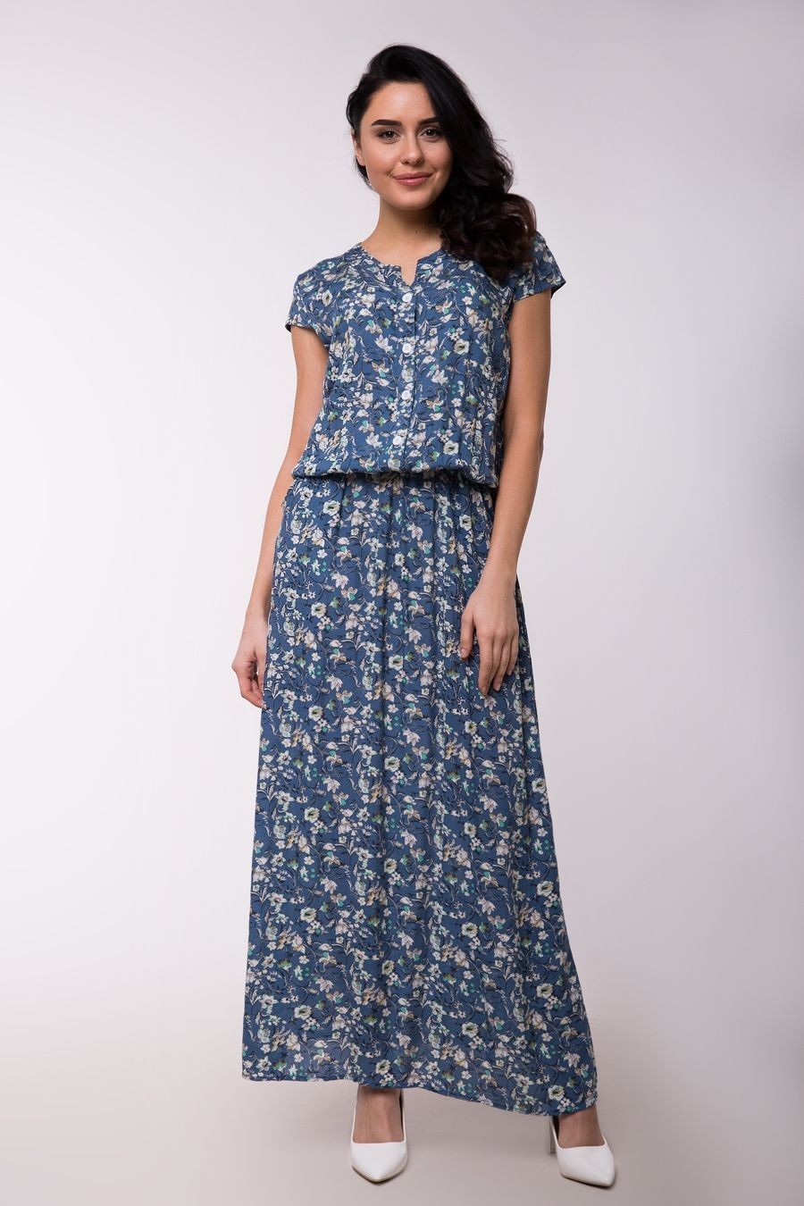 

Платье длинное Jesstore 6200D-5 3XL Голубое с цветочным принтом