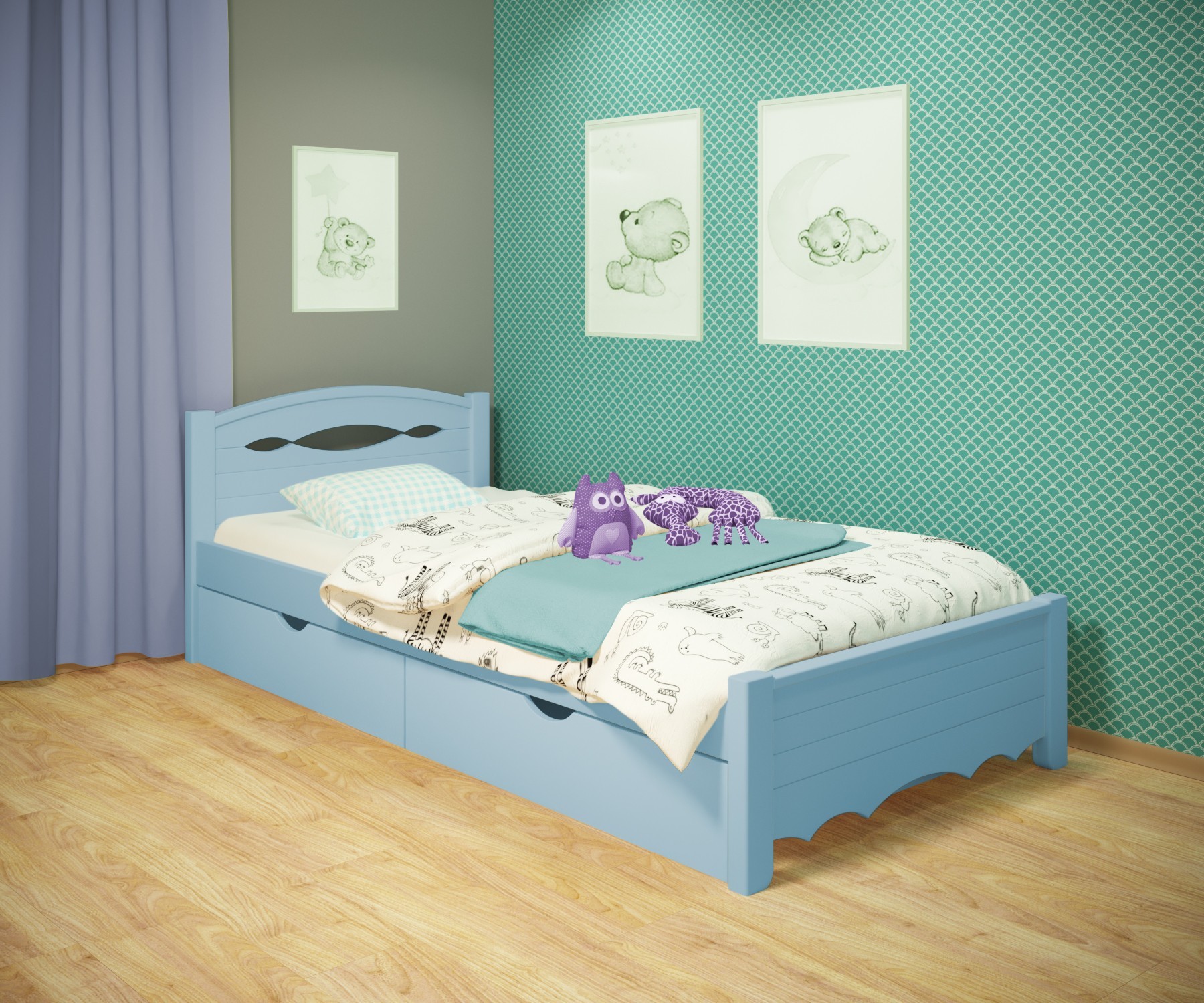

Кровать односпальная RainbowDream Новус 90х190 см голубой массив ольхи, с ящиками