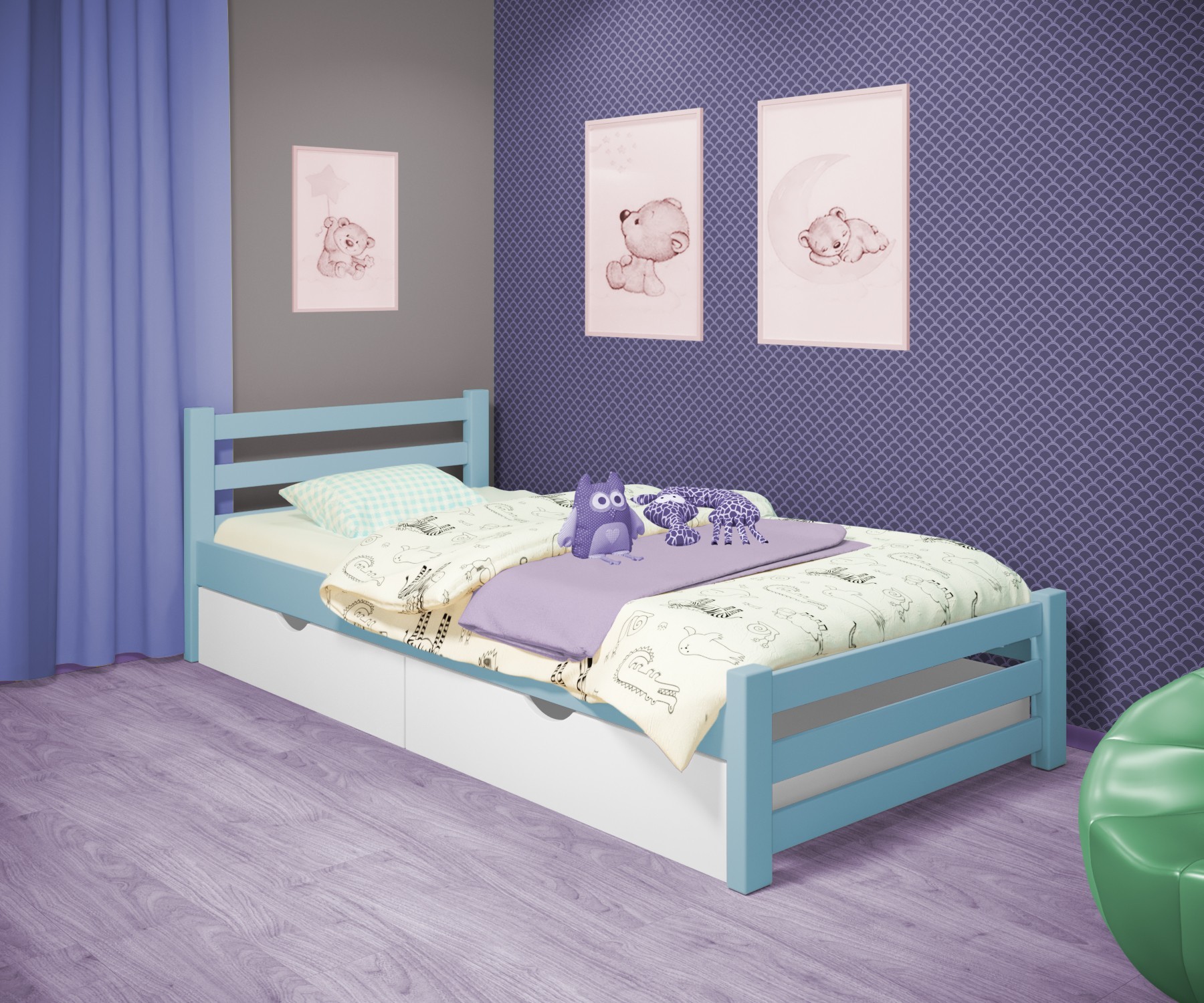 

Кровать односпальная RainbowDream Ламия 80х200 см голубой массив ольхи, с ящиками