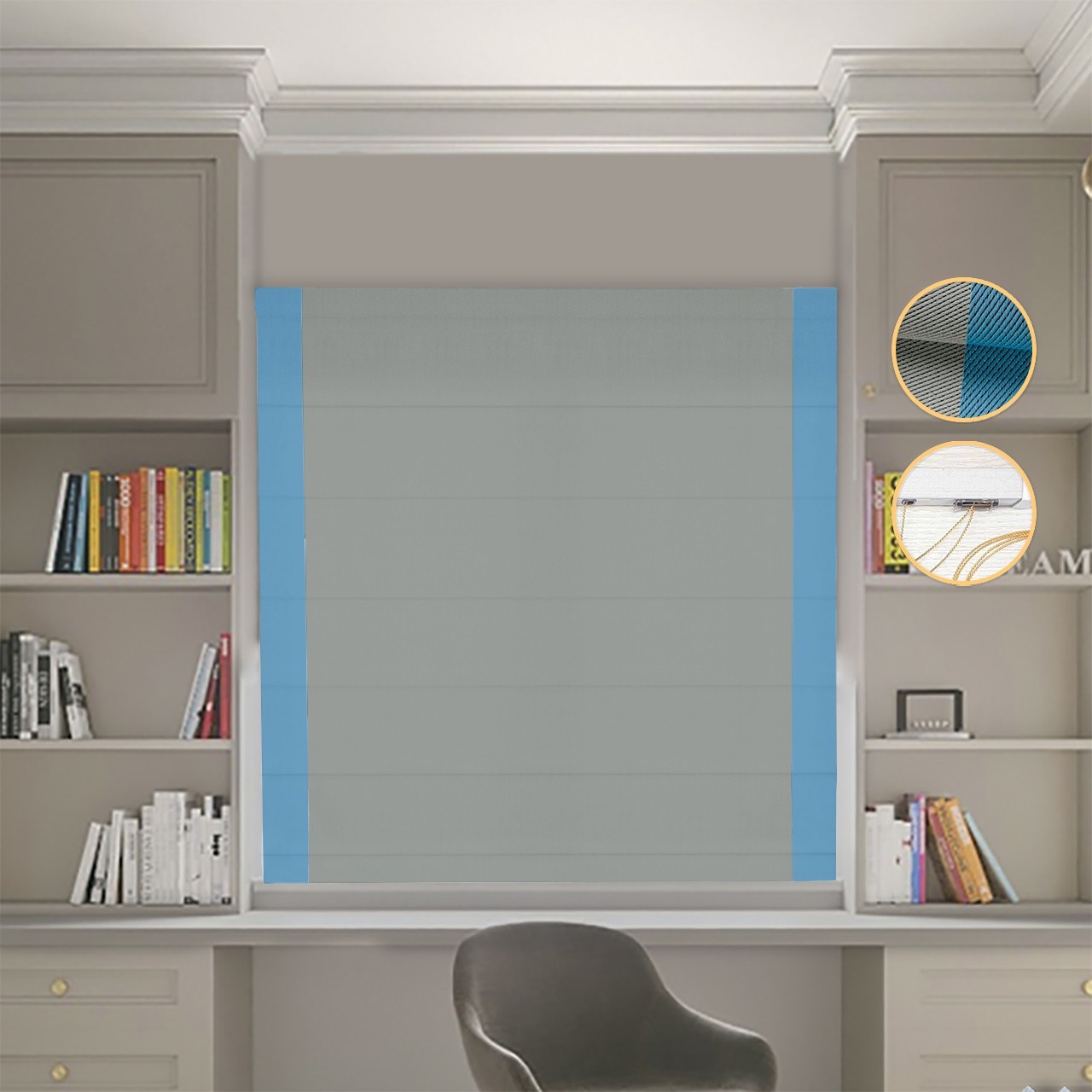 

Римские шторы DECOLIV Блэкаут Перфект оливковый с голубыми кантами по бокам 100*170 см