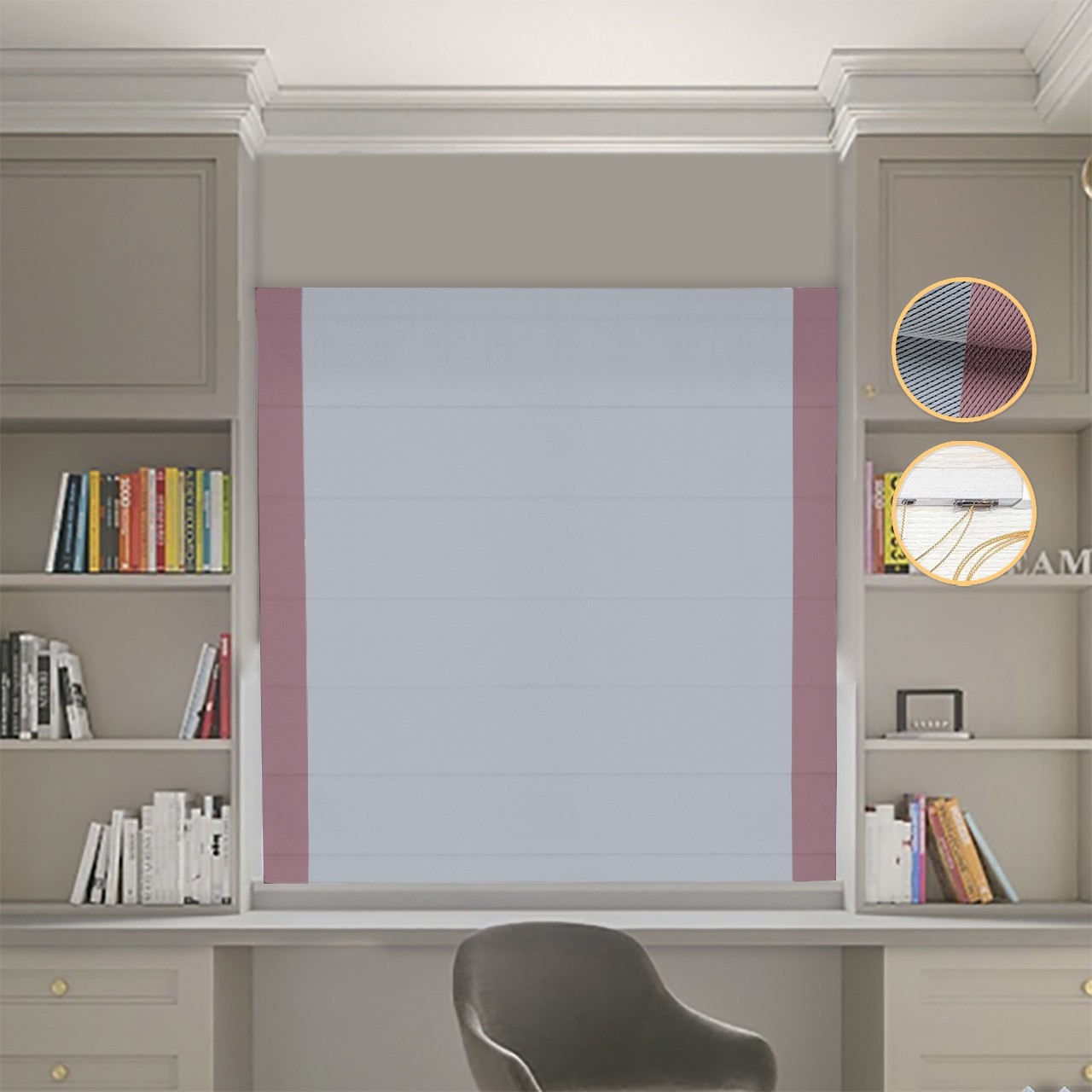 

Римские шторы DECOLIV Блэкаут Перфект светло-серый с пудровыми кантами по бокам 160*170 см