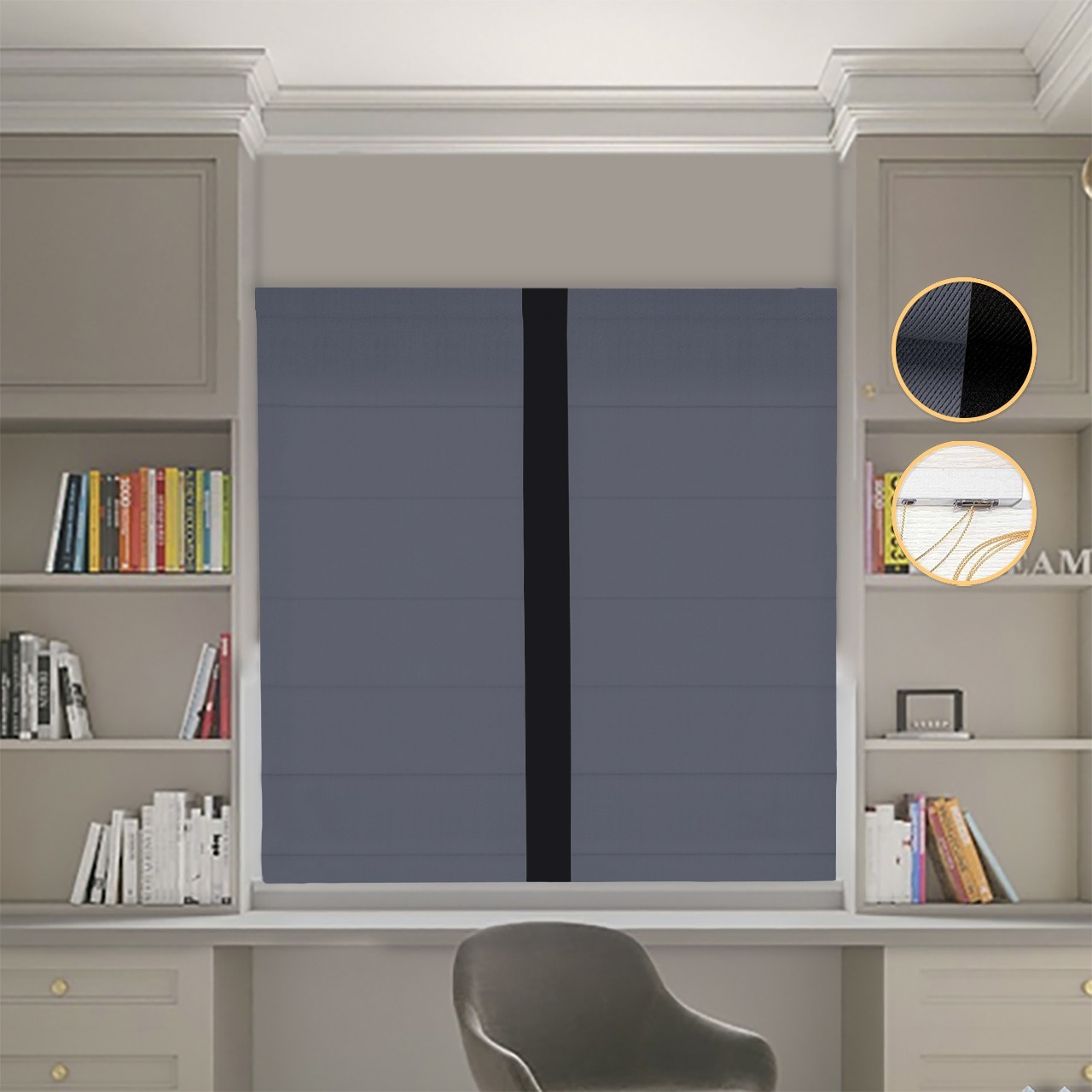 

Римские шторы DECOLIV Блэкаут Перфект графитовый с черным кантом по центру 150*170 см