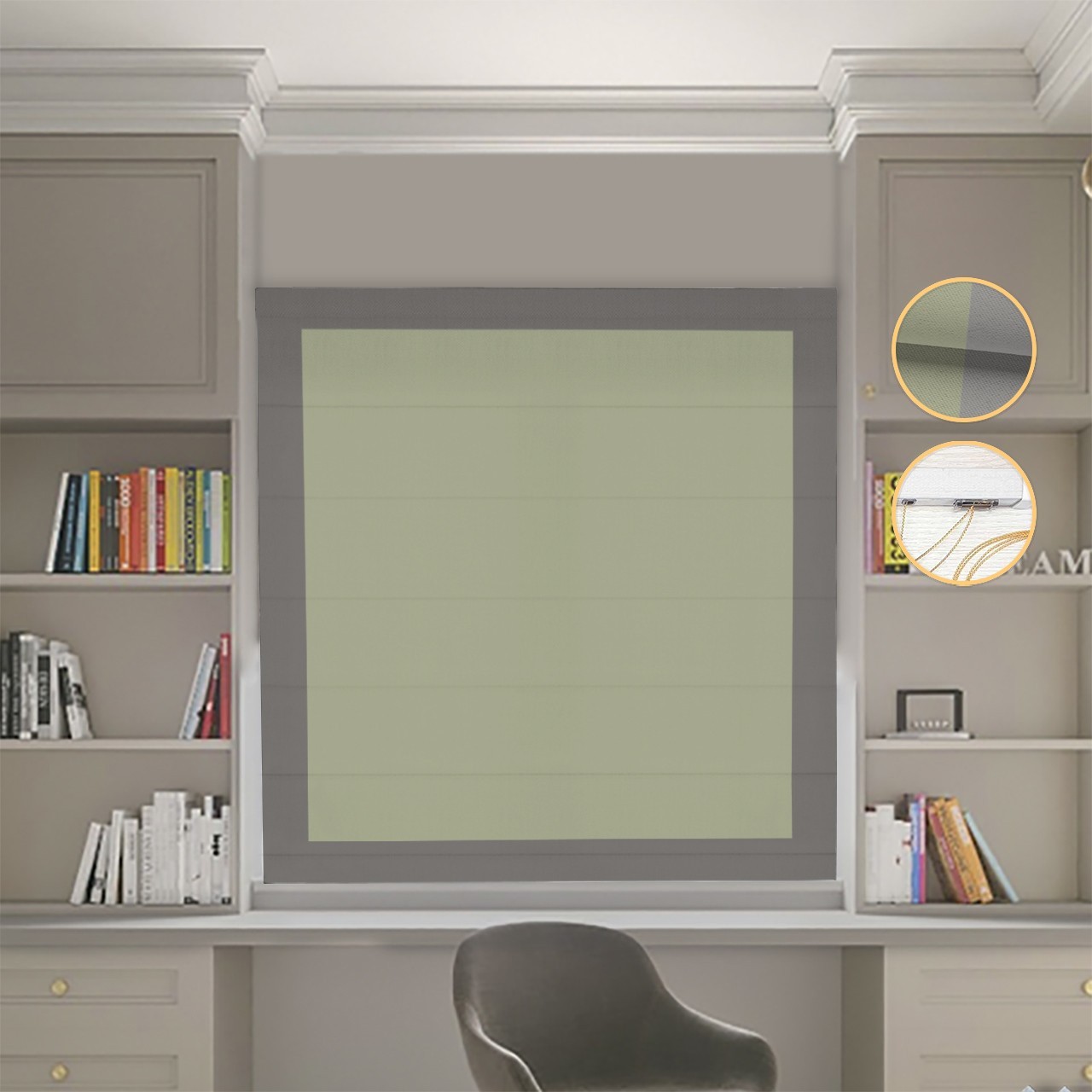 

Римские шторы DECOLIV Блэкаут Нова оливковый с графитовыми кантами 160*170 см