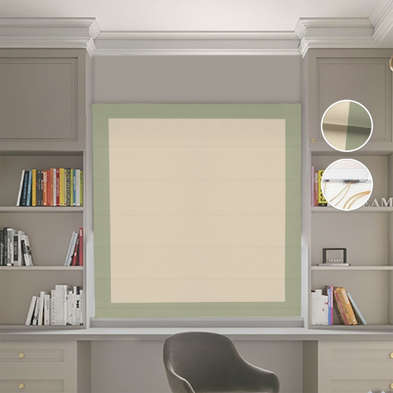 

Римские шторы DECOLIV Блэкаут Нова бежевый с оливковыми кантами 130*170 см