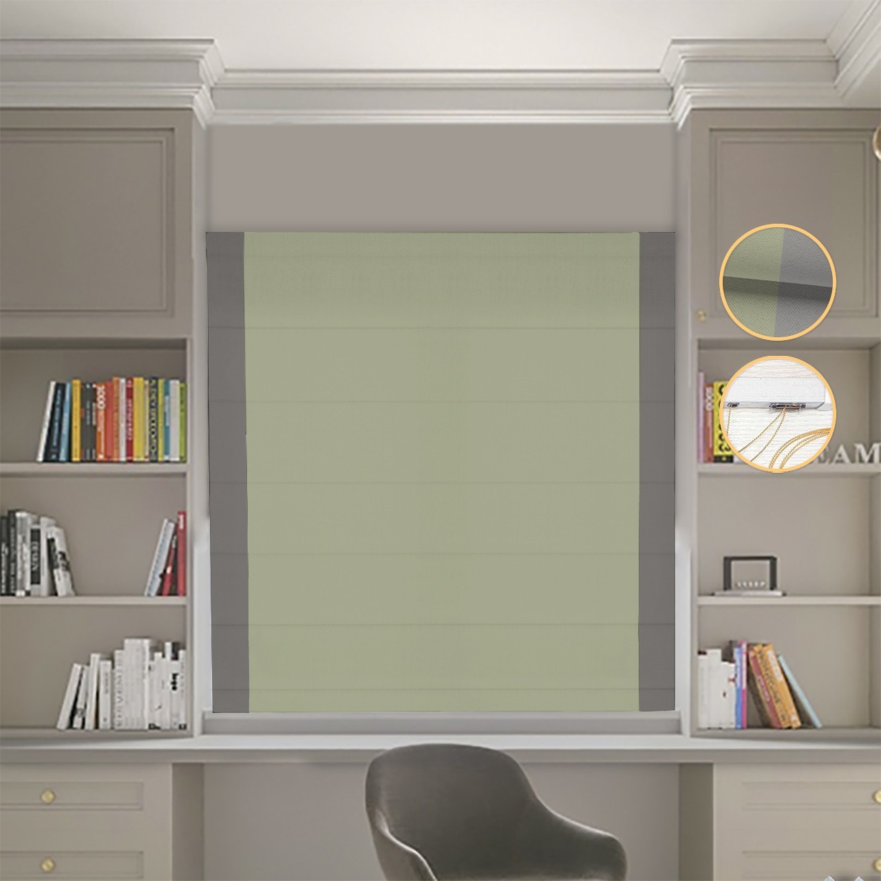 

Римские шторы DECOLIV Блэкаут Нова оливковый с графитовыми кантами по бокам 50*170