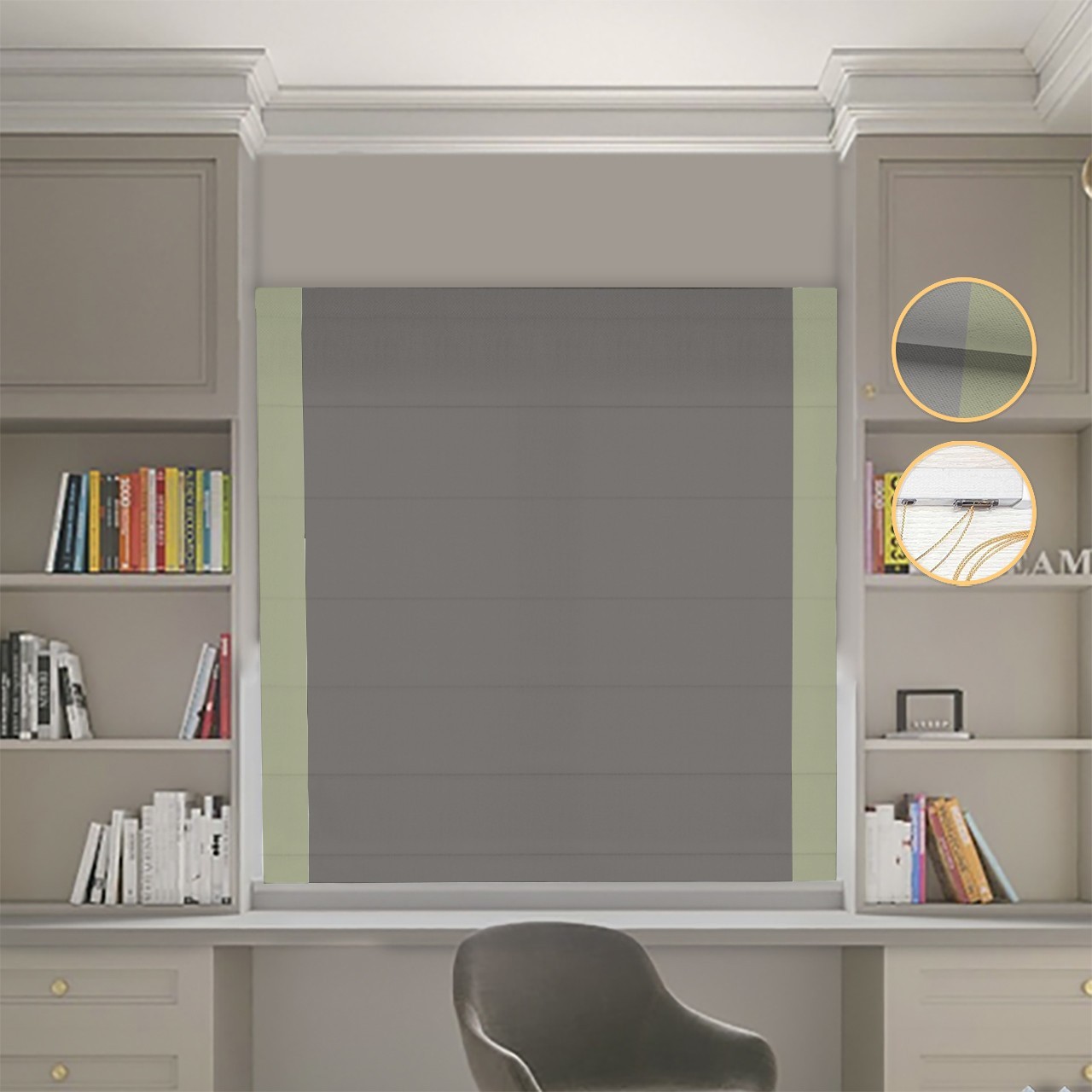 

Римские шторы DECOLIV Блэкаут Нова графитовый с оливковым кантами по бокам 200*170