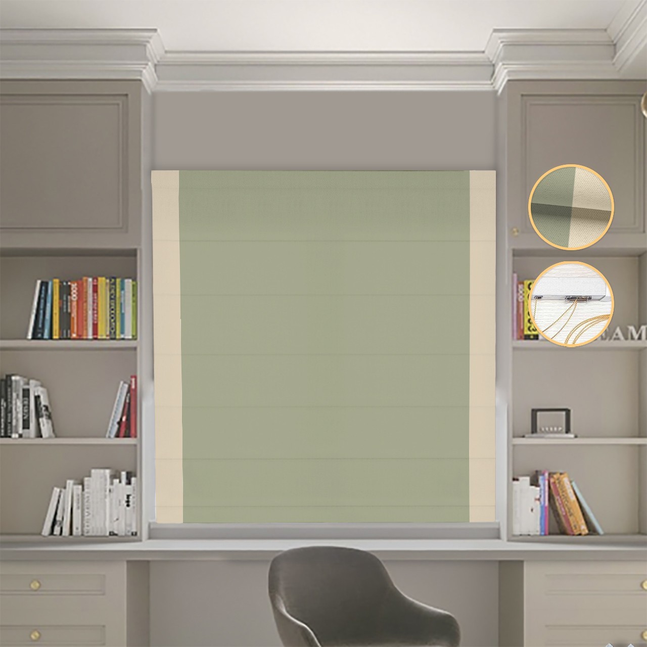 

Римские шторы DECOLIV Блэкаут Нова оливковый с бежевыми кантами по бокам 280*170