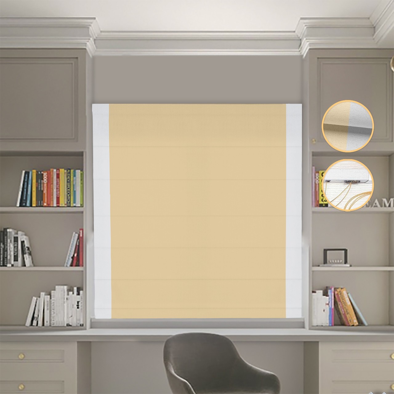 

Римские шторы DECOLIV Блэкаут Нова песочный с светло-серыми кантами по бокам 170*170