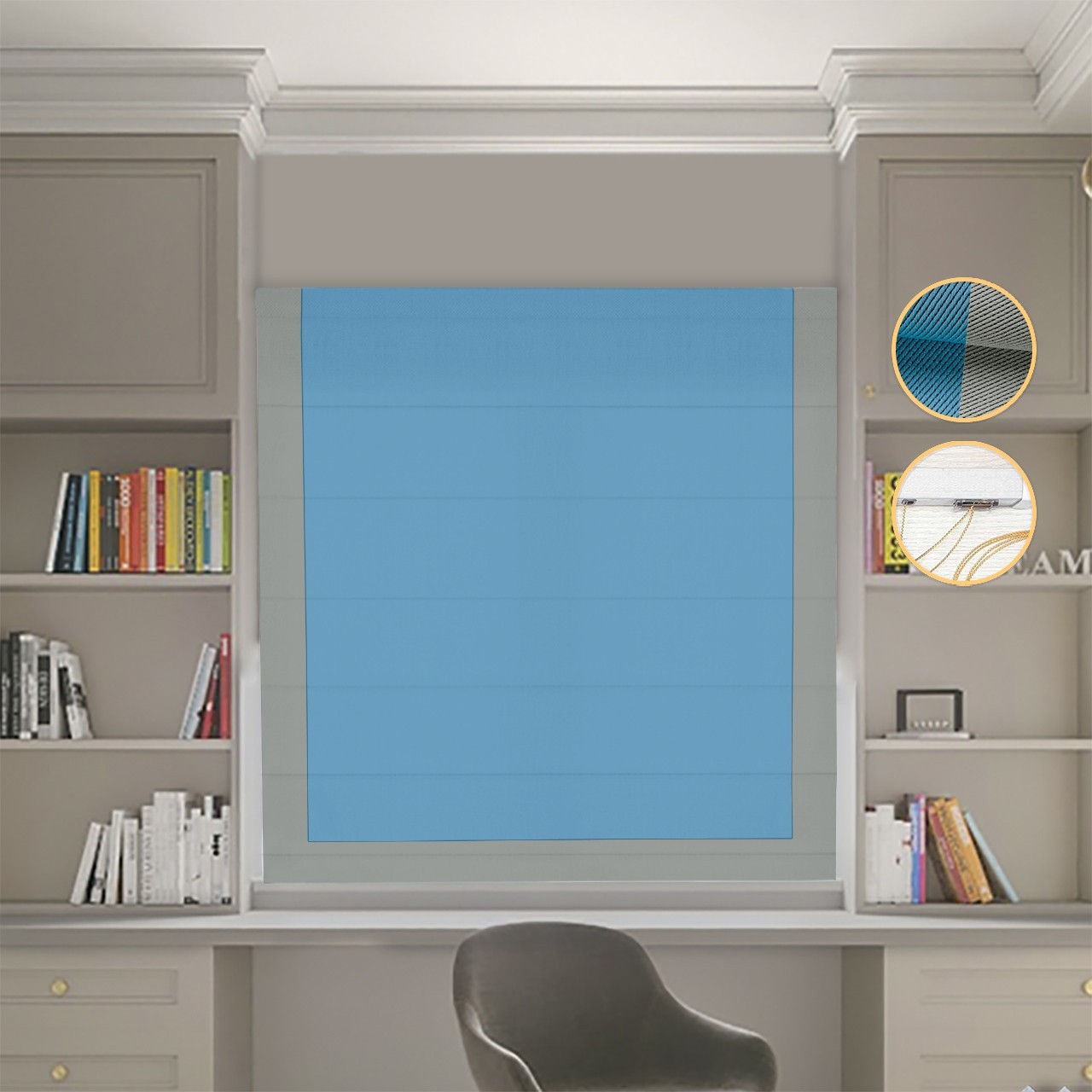 

Римские шторы DECOLIV Блэкаут Перфект голубой с оливковым кантом 50*170 см