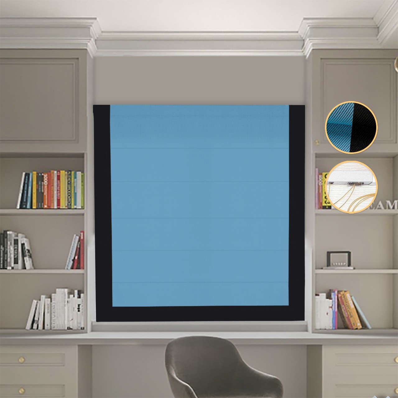 

Римские шторы DECOLIV Блэкаут Перфект голубой с черным кантом 50*170 см