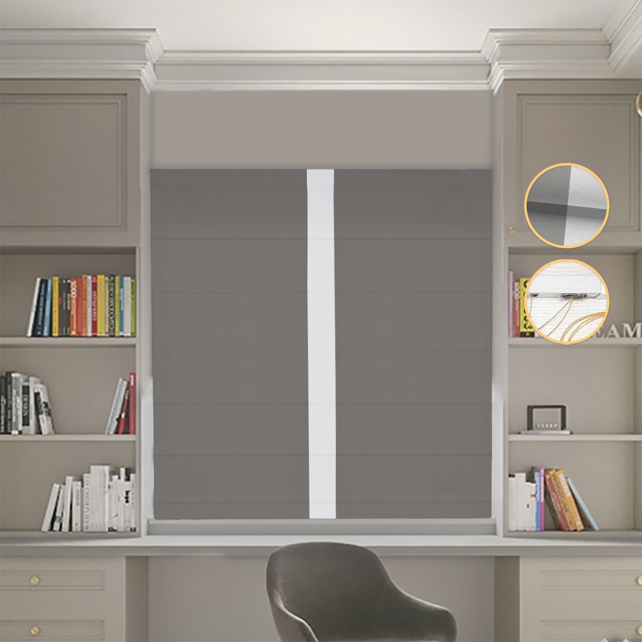 

Римские шторы DECOLIV Блэкаут Нова графитовый с светло-серым кантом по центру 60*170