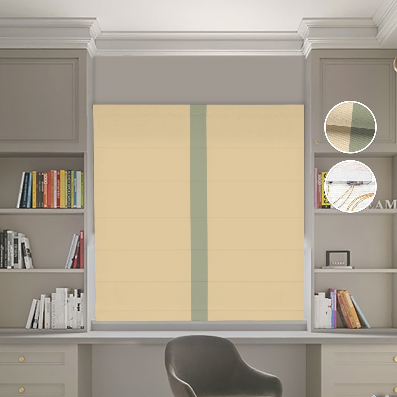 

Римские шторы DECOLIV Блэкаут Нова песочный с оливковым кантом по центру 170*170