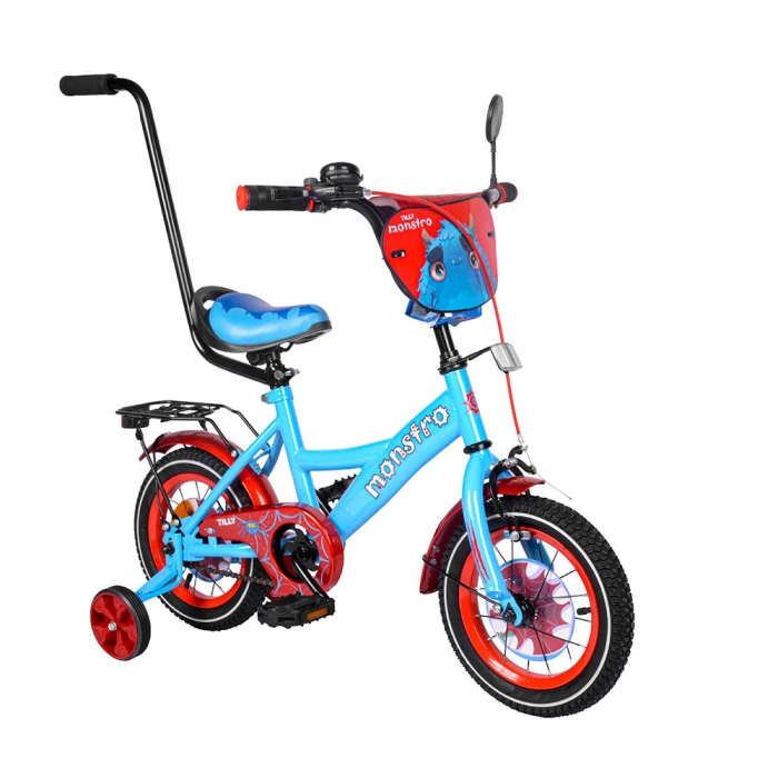 

Детский велосипед двухколесный Tilly Monstro 12″ T-21228/1 blue+red с родительской ручкой и приставными колесами