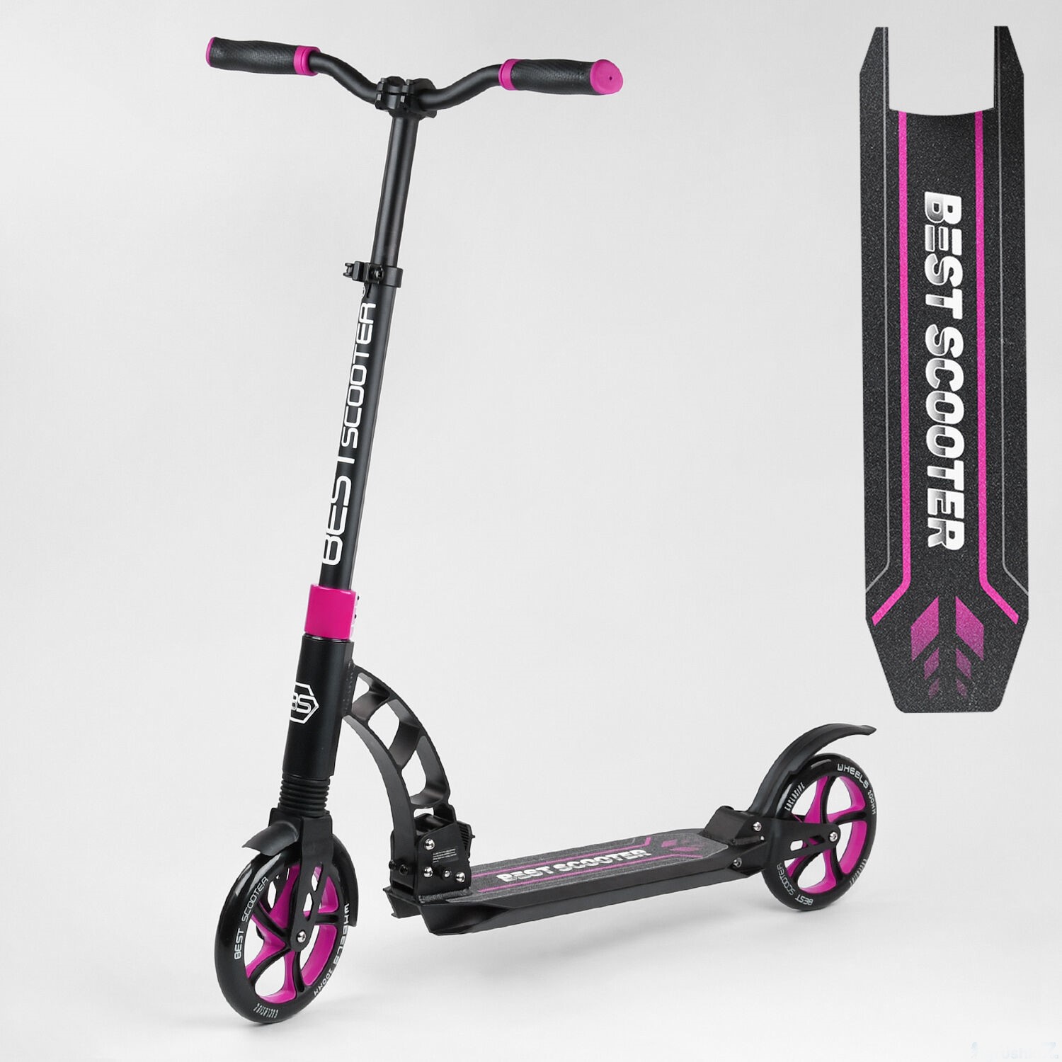 

Самокат Best Scooter 48659 черно-розовый, зажим руля, колеса PU - 20 см, 2 амортизатора