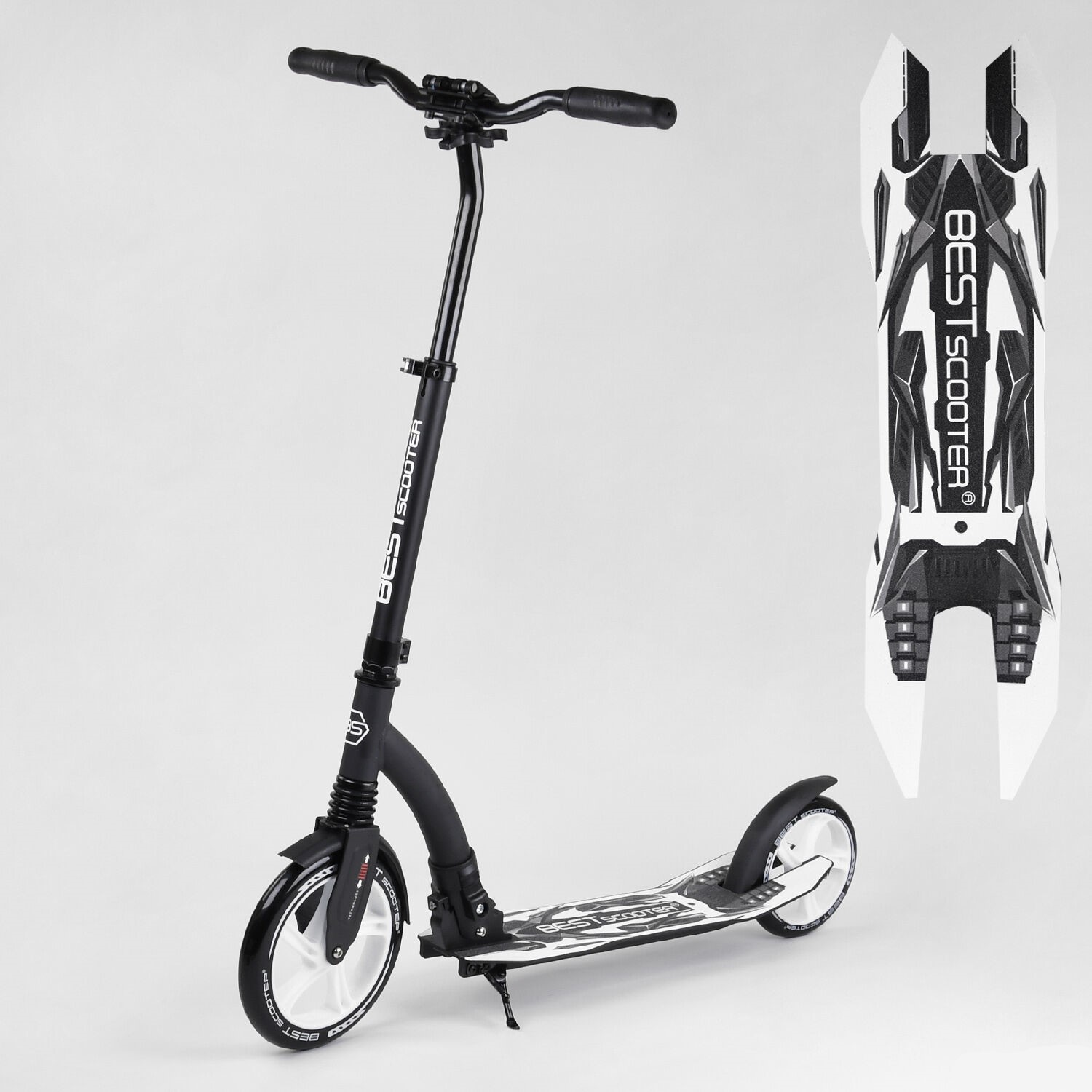 

Самокат Best Scooter 52266 черно-белый, зажим руля, колеса PU - 23 см, заднее - 20 см, 1 амортизатор, широкий руль