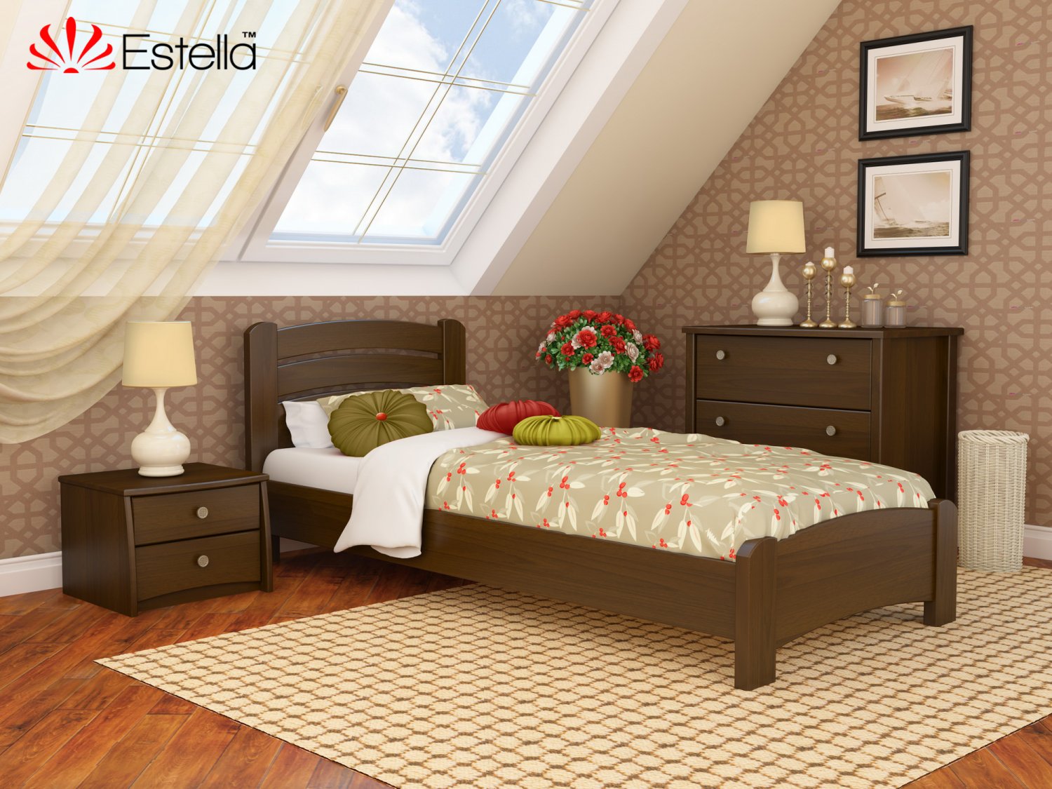 

Кровать односпальная Венеция Люкс Estella 80х200 101 - темный орех Масив Л25