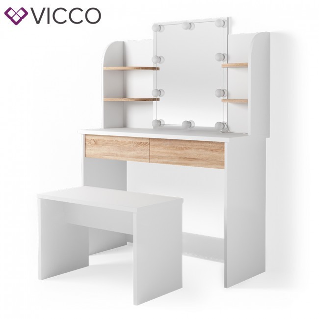

Туалетный столик с лампочками и скамейкой Vicco, белый сонома