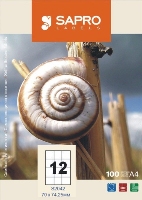 

Бумажная наклейка SAPRO Labels А4 70х74,25мм 100 листов 12 наклеек белая