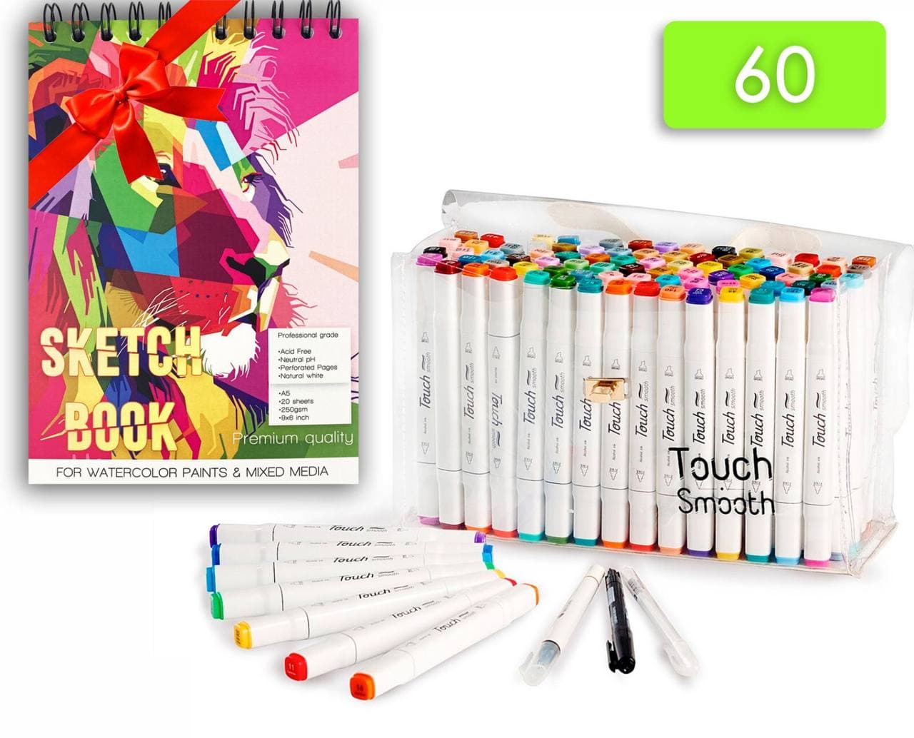 

Набор маркеров двусторонних Touch Smooth 60 цветов +Альбом для скетчинга А5 20 листов плотность 250 г/м2