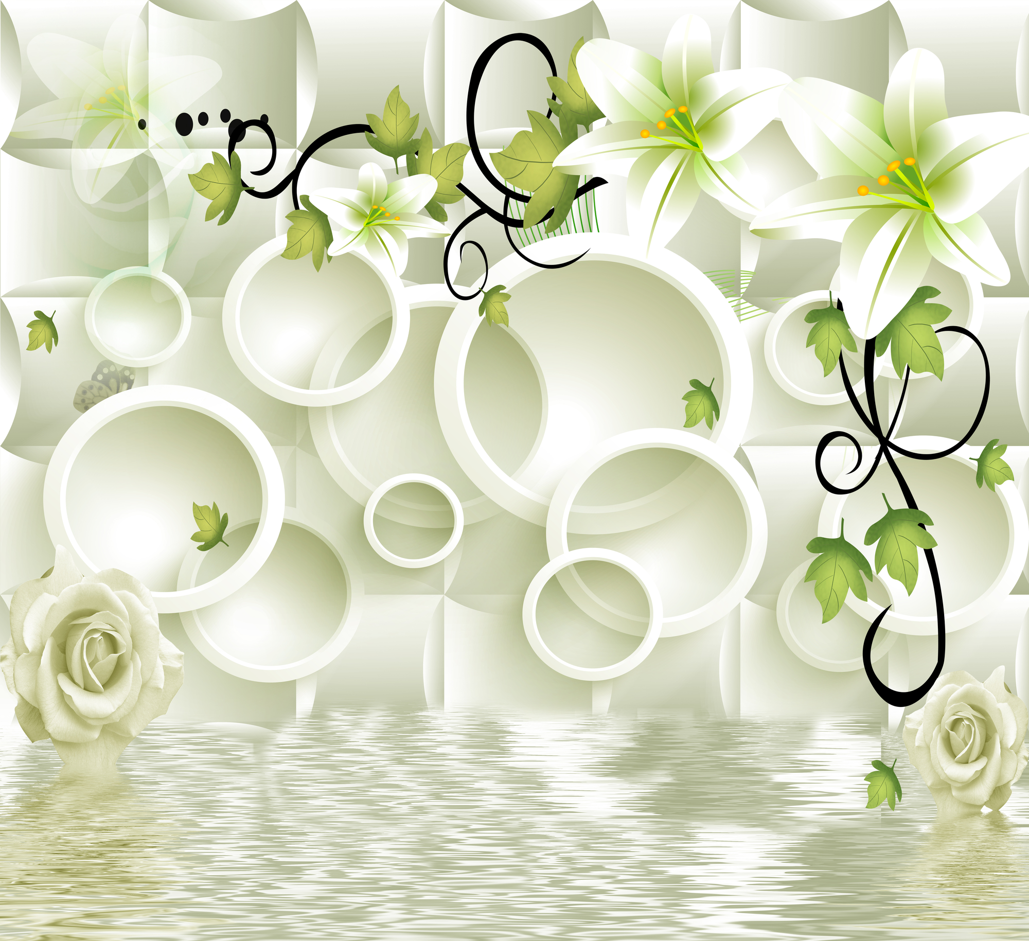 

Фотообои 3D 'Круги и цветы' (3466) , Холст