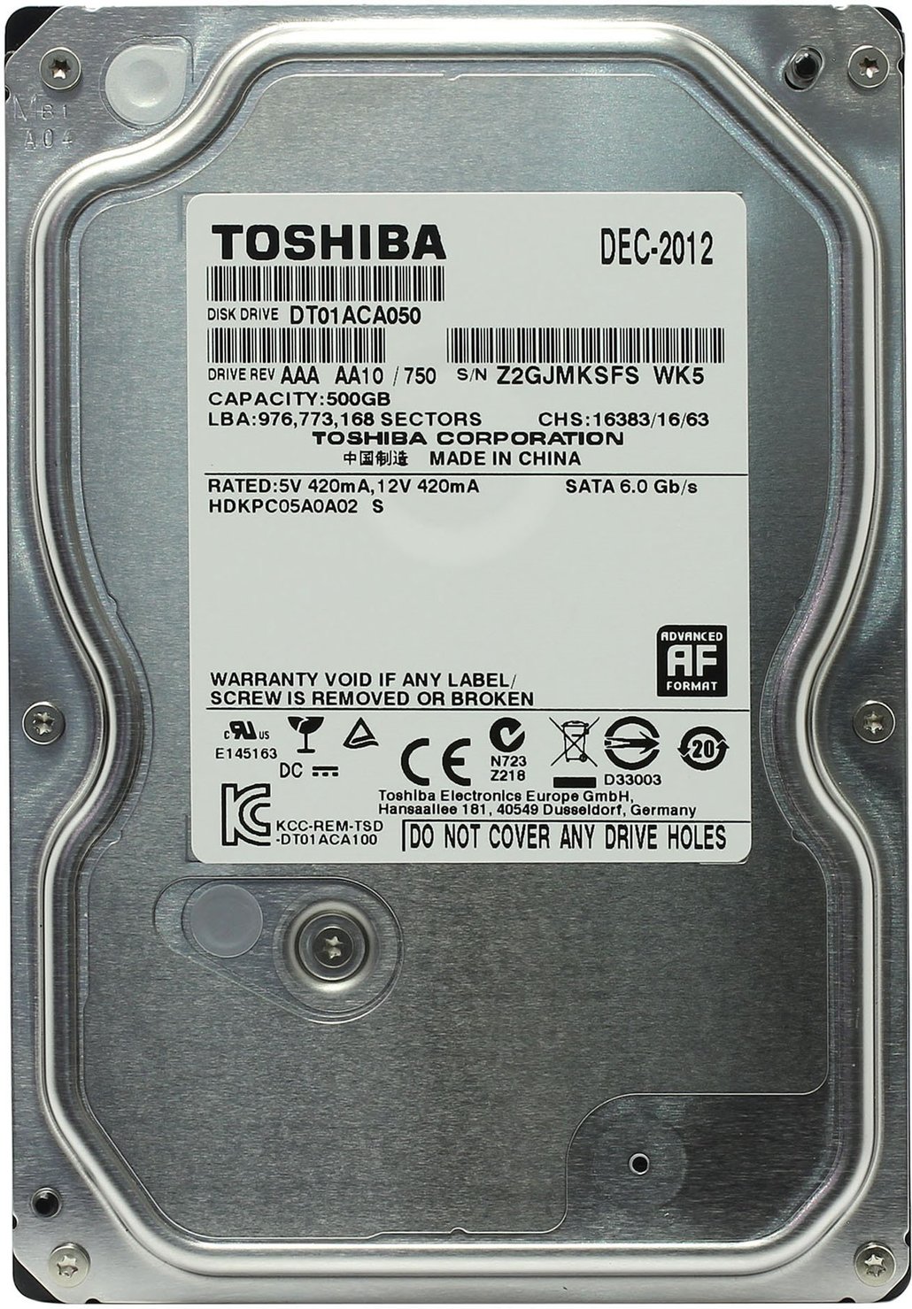 

Жесткий диск Toshiba HDD 500ГБ 7200об/м 32МБ 3.5" SATA III (DT01ACA050) Refurbished